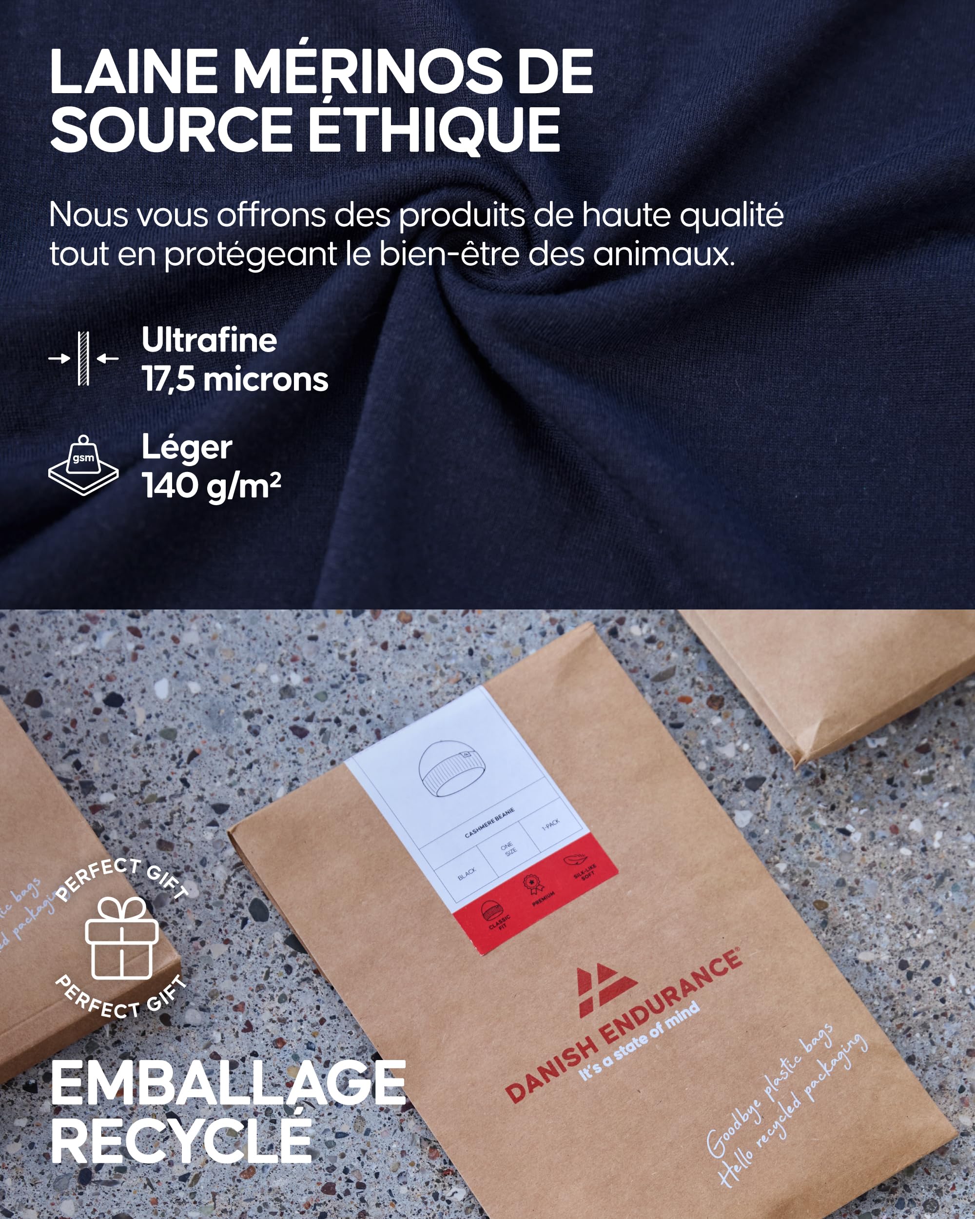 DANISH ENDURANCE T-Shirt 100% Laine Mérinos pour Homme, Léger et Respirant, Coupe Décontractée, Résistant aux Odeurs, Doux et Évacuant l'Humidité, Lot de 1 ou 2