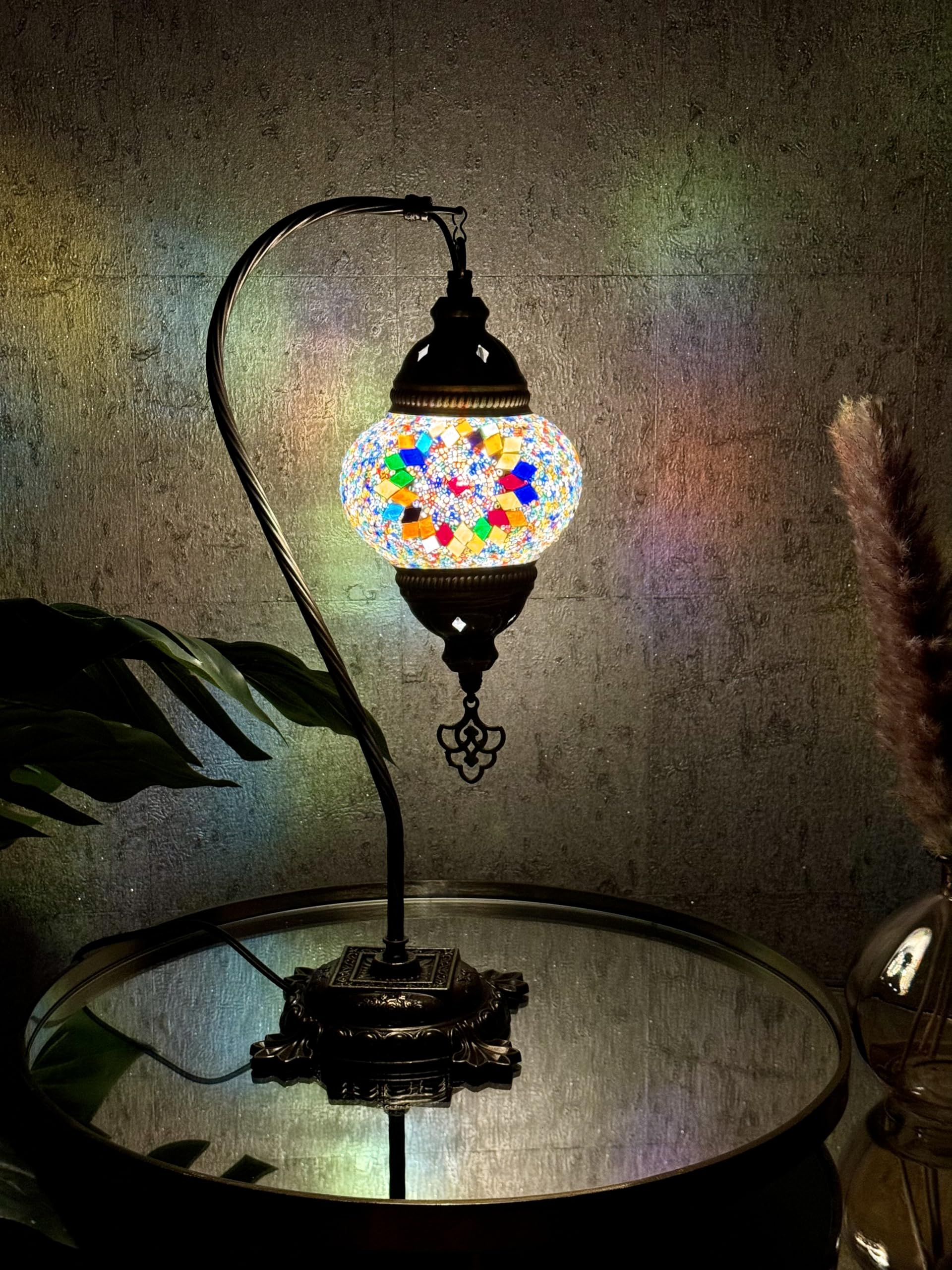 Lightza Handmade Turkish Moroccan Mosaic Desk Lamp LED Bulb | Swan Neck Unique Globe Lampshade Table Light | UK Tested Safe Energy Efficient (White & Multi Color Flower) — image 1