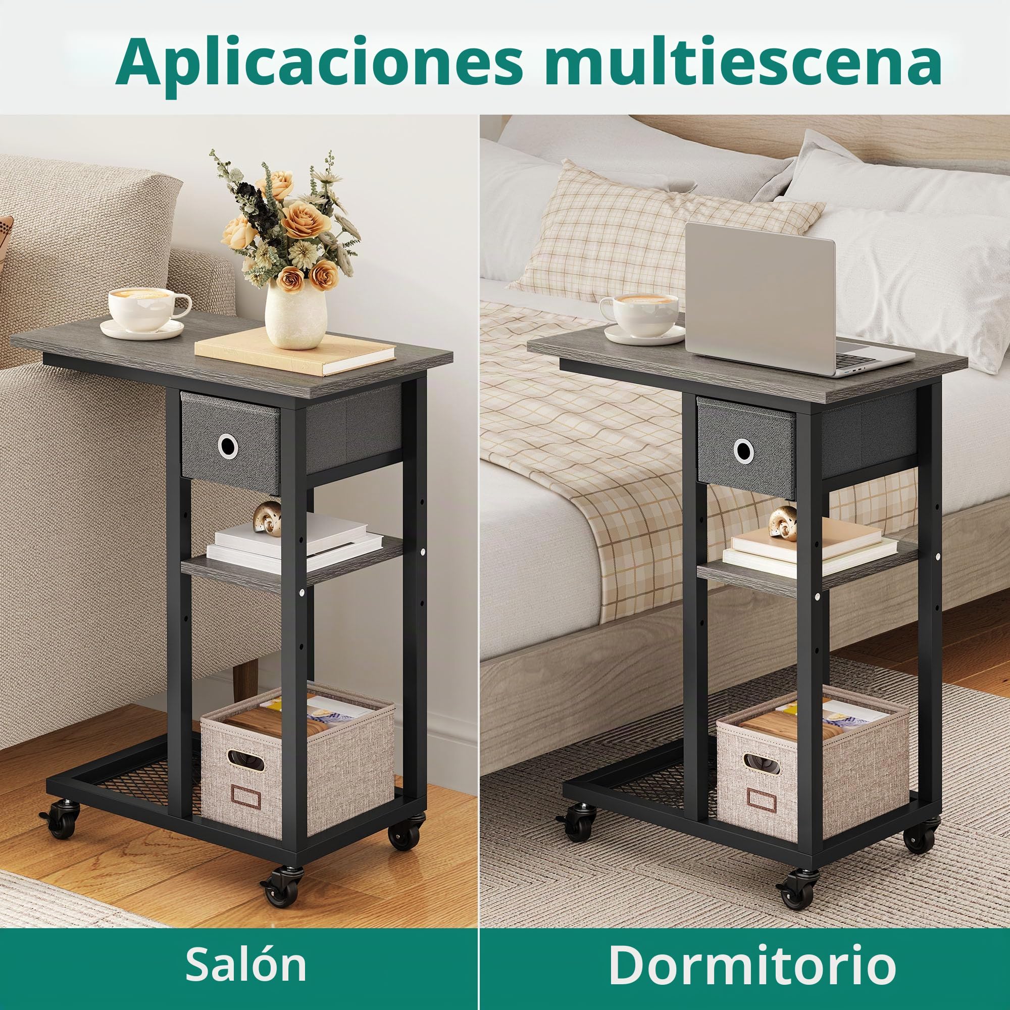 YITAHOME Mesa Auxiliar en Forma de C, Mesa Auxiliar para Sofá con Cacharro y Ruedas, Mesa de Café para Computadora Portátil,para Sala de Estar, Dormitorio，Gris