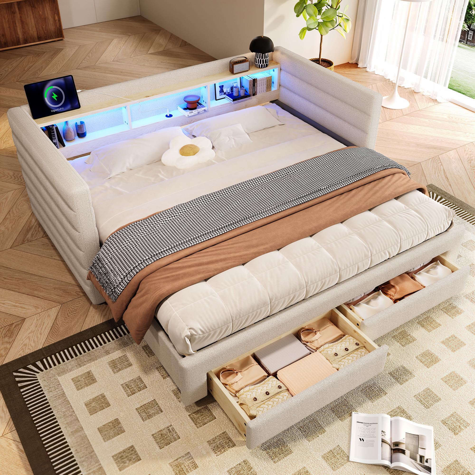 Soweiz Cama diurna, sofá cama, 90 x 190 cm, diseño de cama extraíble, USB + conectores tipo C, con dos cajones, varios compartimentos de almacenamiento, barra de luz, sin colchón, terciopelo (beige)