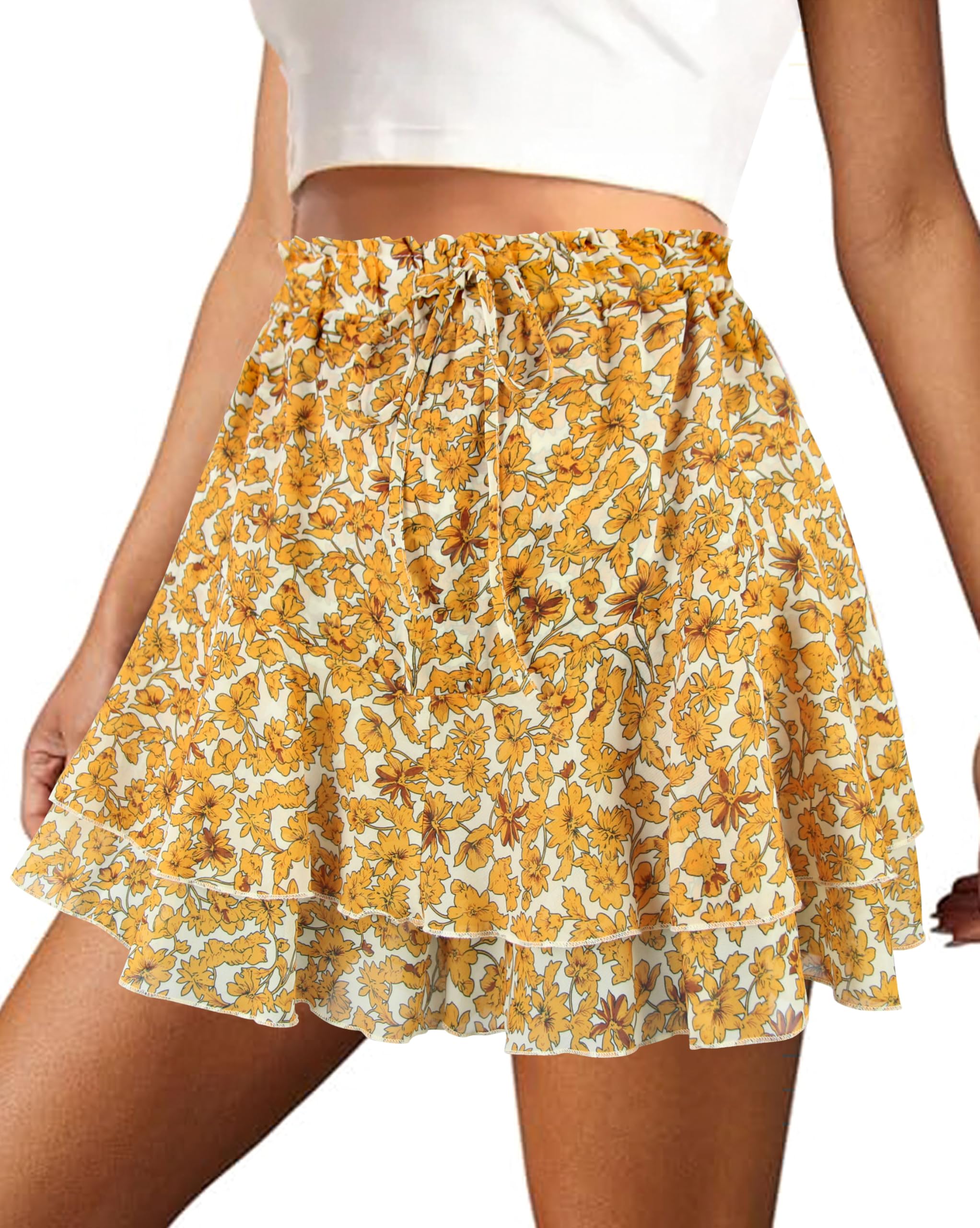 COOUFE Mini Skirts for Women 2025 Casual Boho Floral Skorts Layered Hem A-Line Tennis Chiffon Shorts