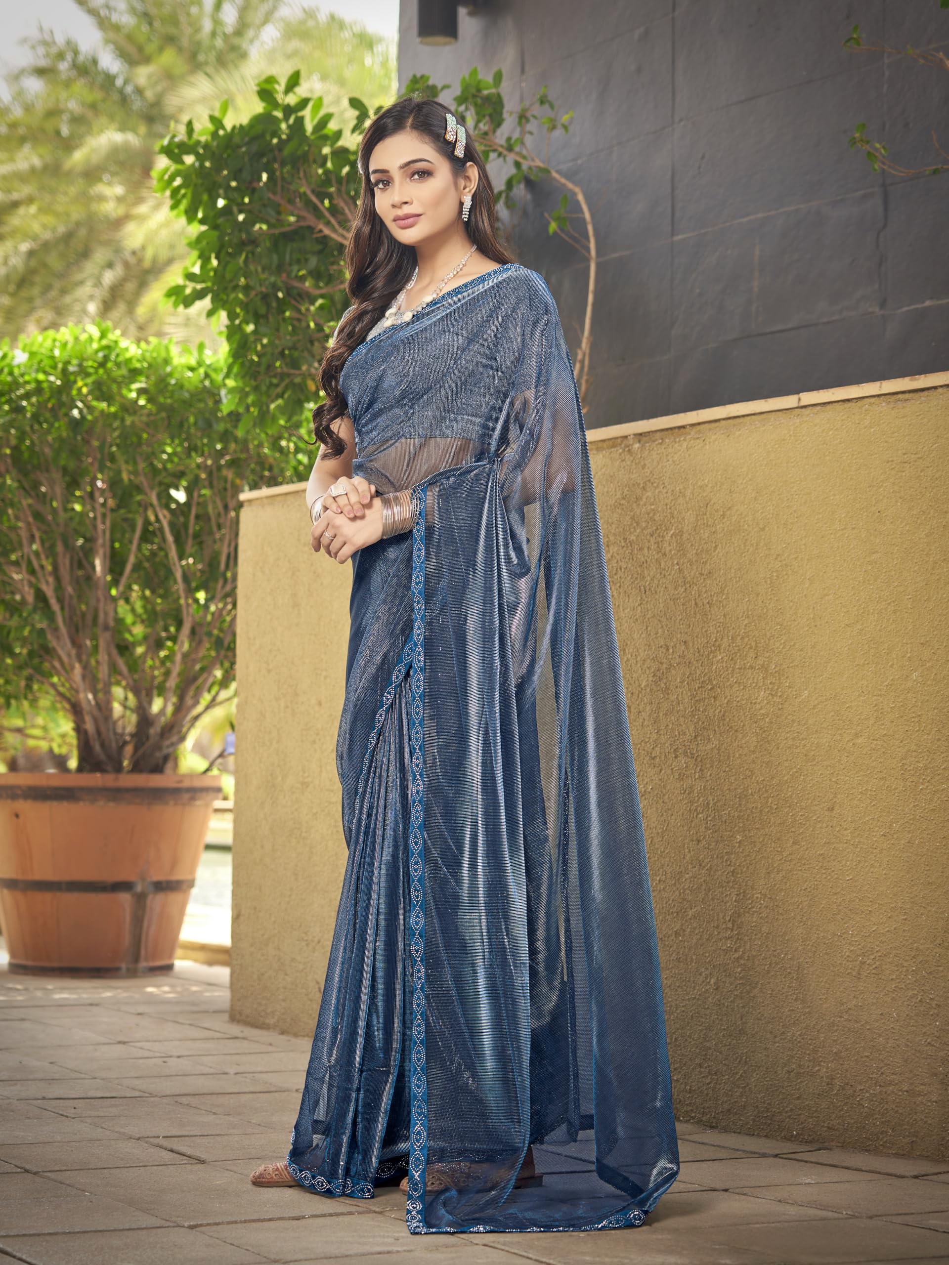 Glory Sarees Womens Lycra Ready To Wear Saree With Stitched Blouse (Rama)
