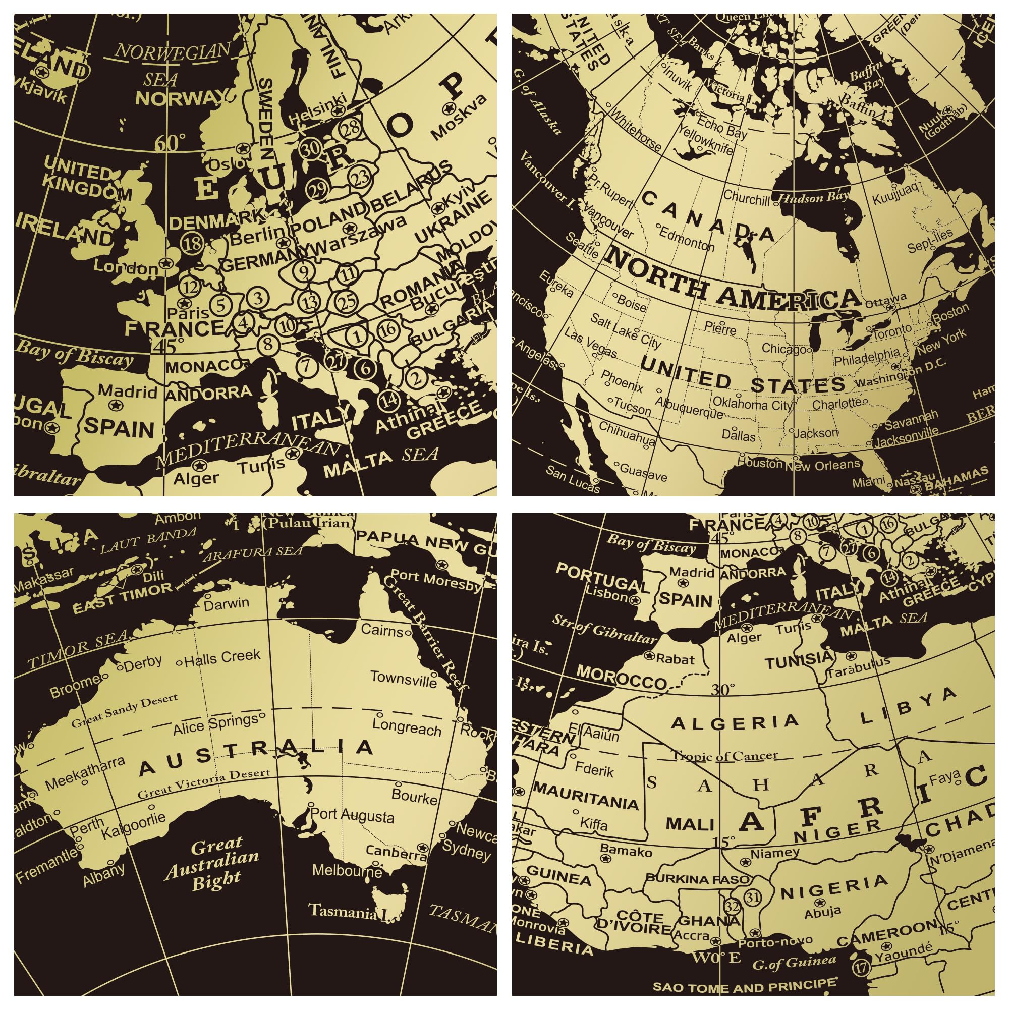 EXERZ 20 cm Globus Schwarz & Golden, 360 Grad Drehbar - Weltglobus Pädagogisch Geografisch - Bronzener Bogen und Sockel. Englische Karte.