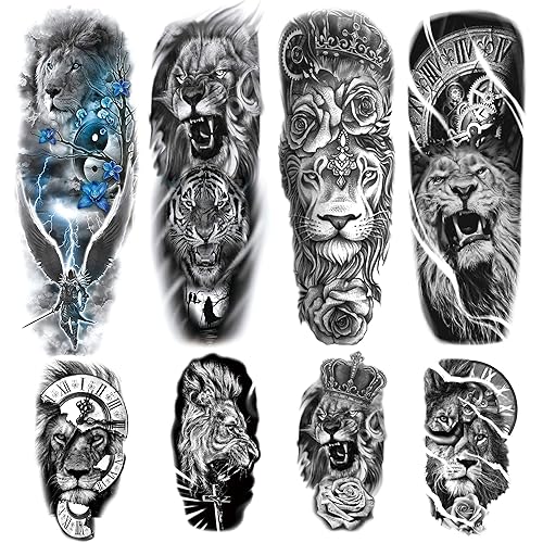 Lion sleeve Tattoos 4-Sheet Large Lion Full Sleeve Tattoos and 4-Sheet Fake Lion Half sleeve Tattoos Sticker Makeup Props for Men Women Kids