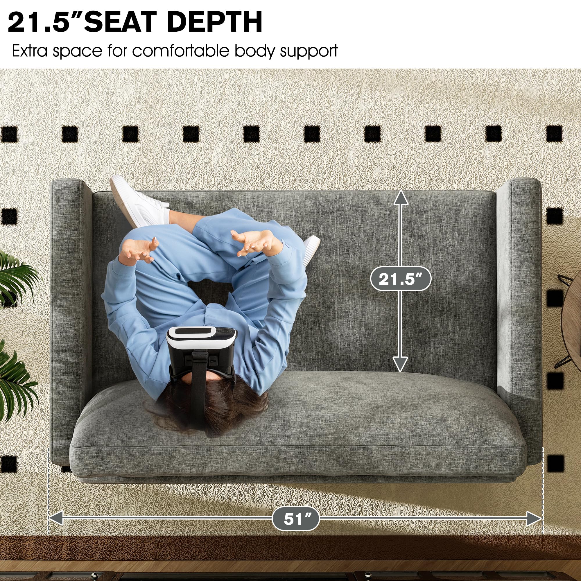 51" Loveseat Sleeper Sofa Bed, Chenille Convertible Floor Sofa Bed for Small Spaces, Folding Couch Bed with Deep Seat, 2 Pillows & Solid Frame, Pull Out Floor Couch for Living Room, Grey