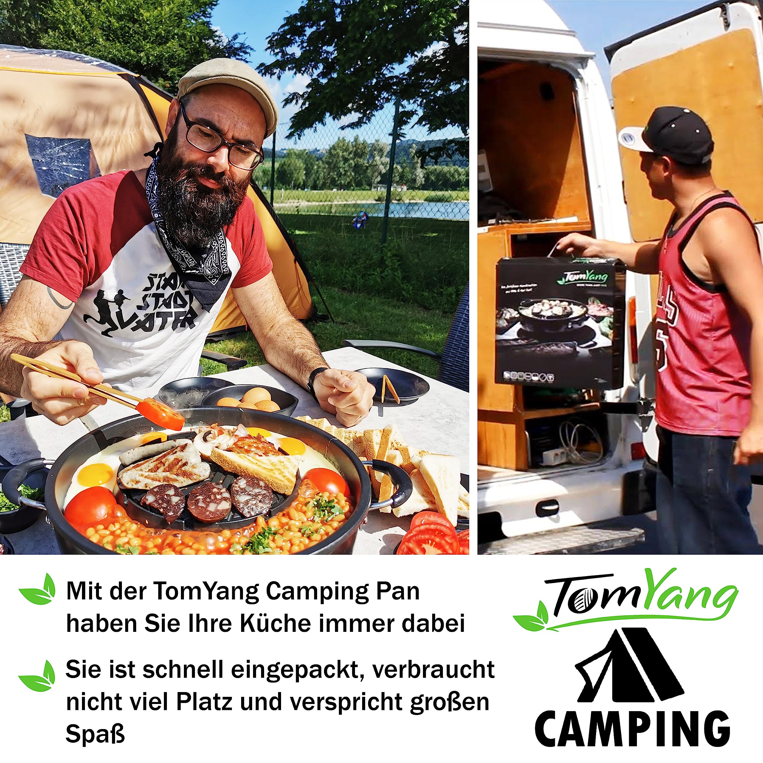 TomYang BBQ Camping Pfanne inkl. 4 Grillzangen – Original Thai Grill & Hot Pot, Korean BBQ Grill, Grillpfanne, Mookata Thai Hot Pot Topf, Antihaftbeschichtung, mehr als 100 Anleitungsvideos & Rezepte