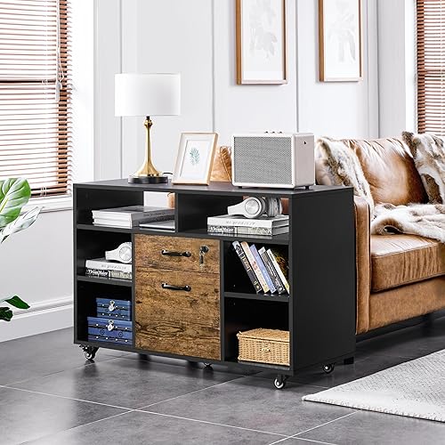 Miniatura 5 de Yaheetech Archivadores laterales móviles con 2 cajones y compartimentos, archivador con cerradura para tamaño carta A4, soporte de impresora para