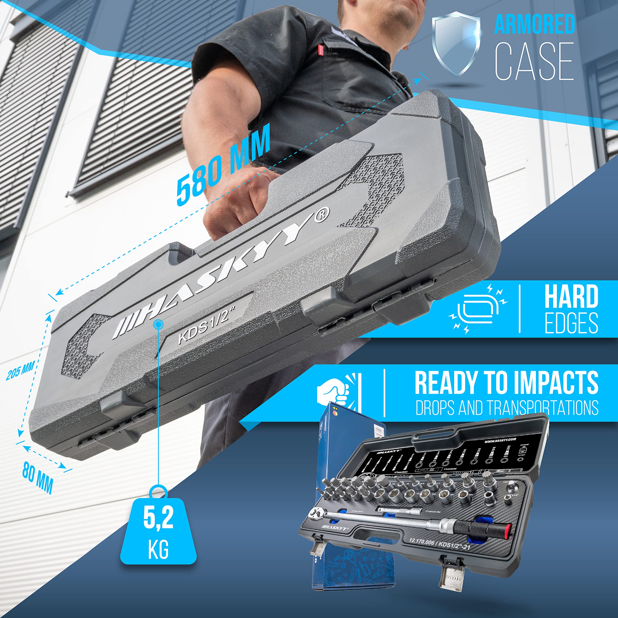 HASKYY - Juego de llaves dinamométricas 1/2" 50-350 Nm para automóvil con mucho accesorio como barra de extensión, puntas, insertos de tuercas, adaptadores
