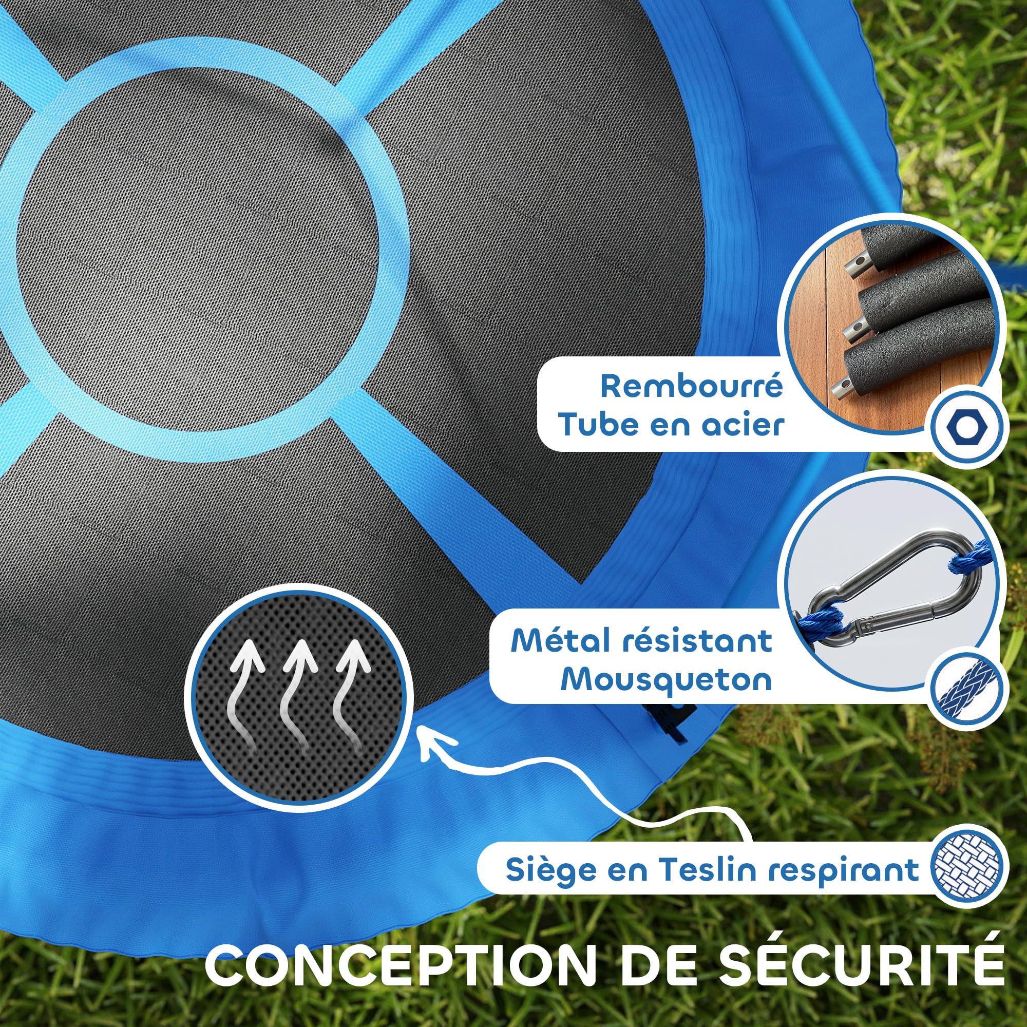AIYAPLAY Balançoire Nid d'Oiseau Cordes Réglables 2 Enfants Ø 80 cm Bleu | Siège Rond, Charge 200 kg, Aire de Jeux Extérieure, Jardin, Terrasse, Arrière-Cour