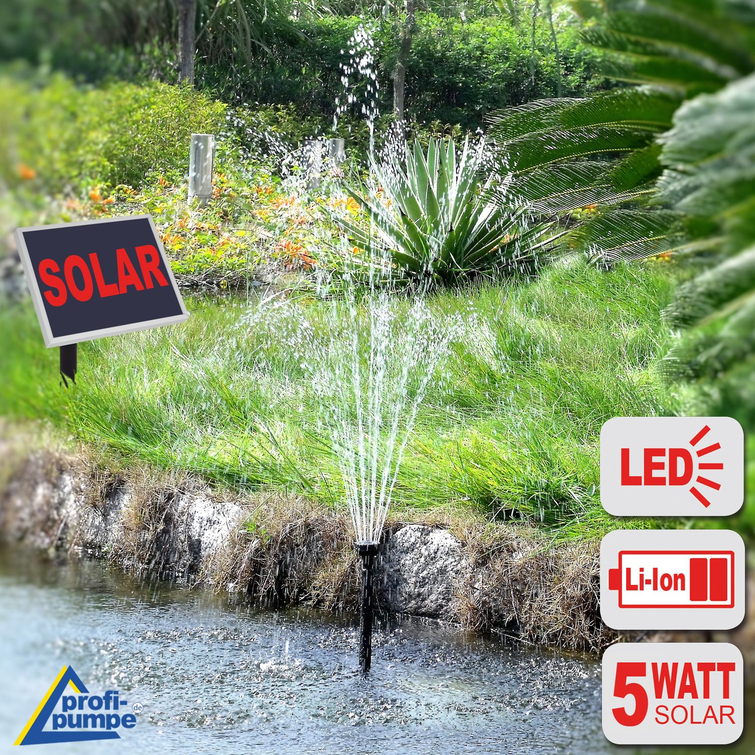 FONTAINE SOLAIRE innovante FONCTION EAU SOLAIRE Kit pompe solaire pour bassin de JARDIN avec BATTERIE LI-ION éclairage LED Panneau solaire dans un cadre ALU stable - Oasis 500-3 Li&LED