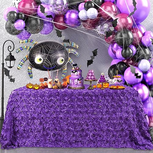 Miniatura 2 de B-COOL Mantel rectangular con diseño de rosetas de 90 x 132 pulgadas, mantel de satén floral 3D morado para decoración de mesa de fiesta de ceremonia