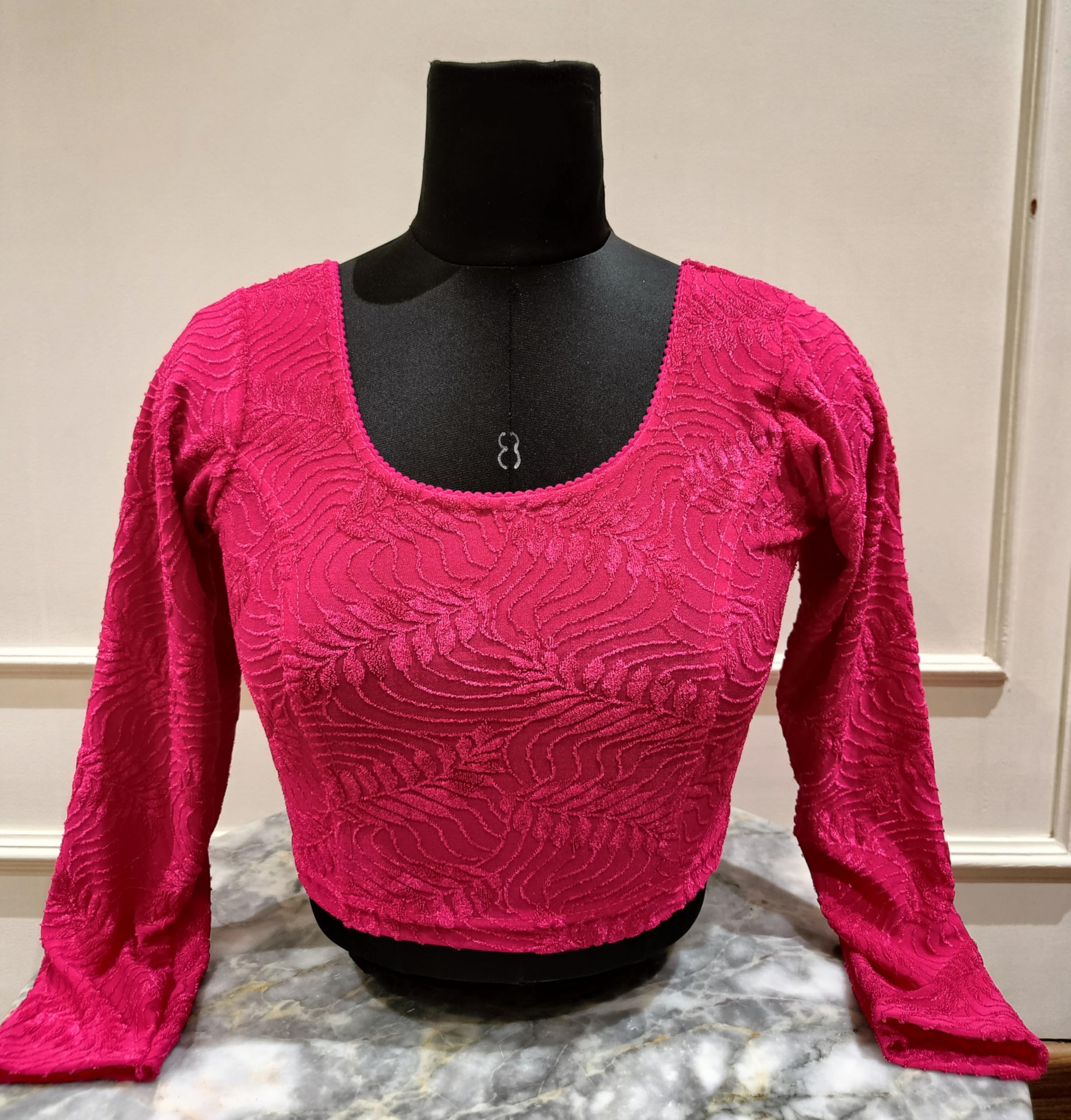 Women's Pink Textured Saree Blouse, Round Neck, Full Sleeves, Crop Top Style-picture-52