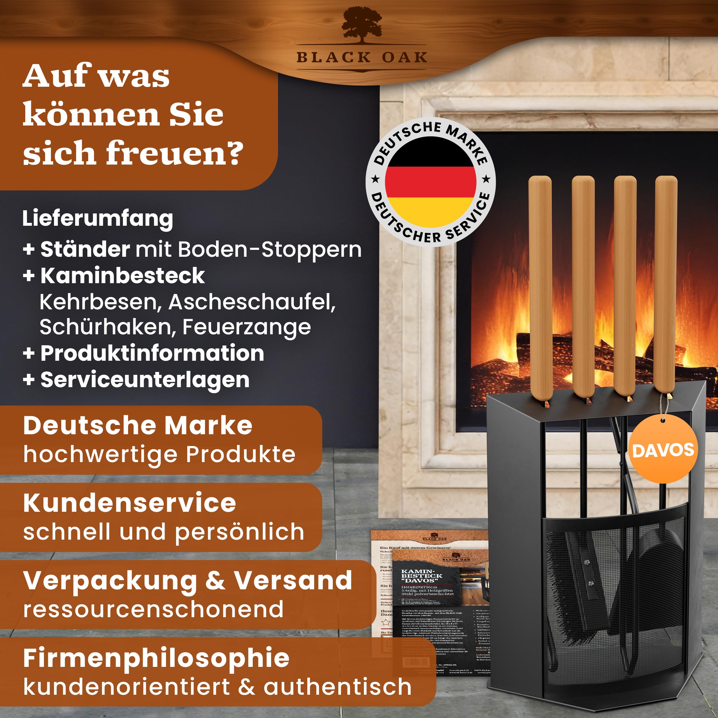 BLACK OAK Kaminbesteck DAVOS 5-teilig - edles & dekoratives Ofenbesteck Set schwarz mit Holzgriff 5 teilig Ständer + Kaminzange Schürhaken Ascheschaufel Kaminbesen Stahl Kaminzubehör Besteck für Ofen