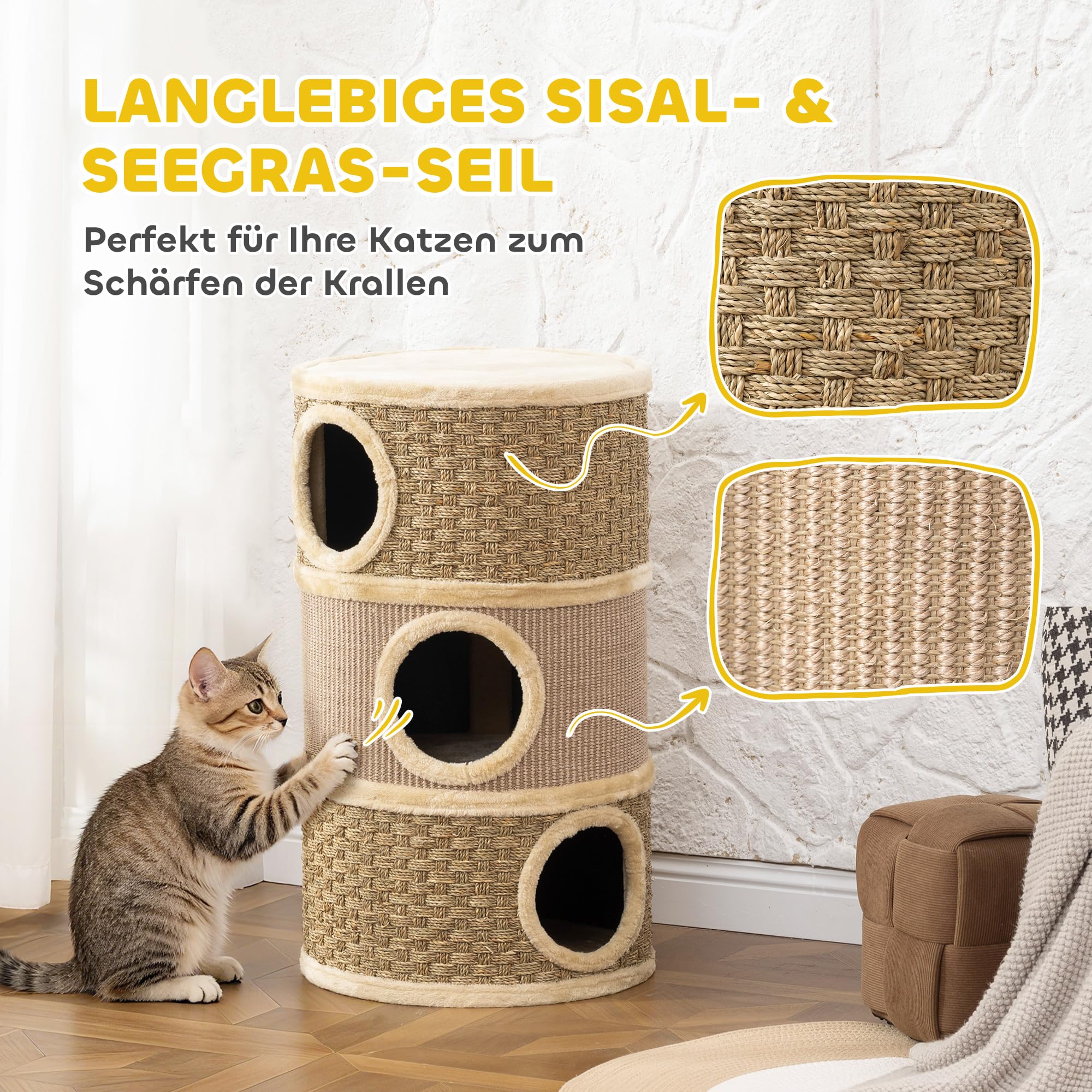 PawHut Tiragraffi per gatti, altezza 79 cm, diametro 45 cm, con corda in sisal a a 3 ripiani, per gatti grandi, cachi e caffè