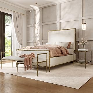 24/7 Shop at Home Lalia Hammered Metal 4-Piece Bedroom Collection, Upholstered Bed Frame with Beige Fabric Headboard, Bench and 1-Shelf Nightstands, Foundation Required, Full, Matte Gold