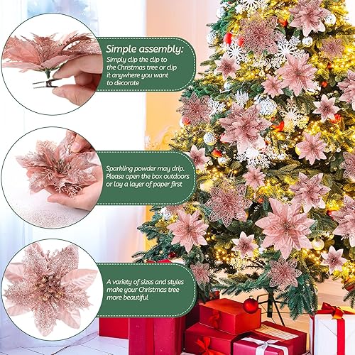 Miniatura 5 de Zeyune 36 flores de Pascua artificiales con purpurina de Navidad con clips, tallos de varios tamaños, adornos para árbol de Navidad para Navidad,