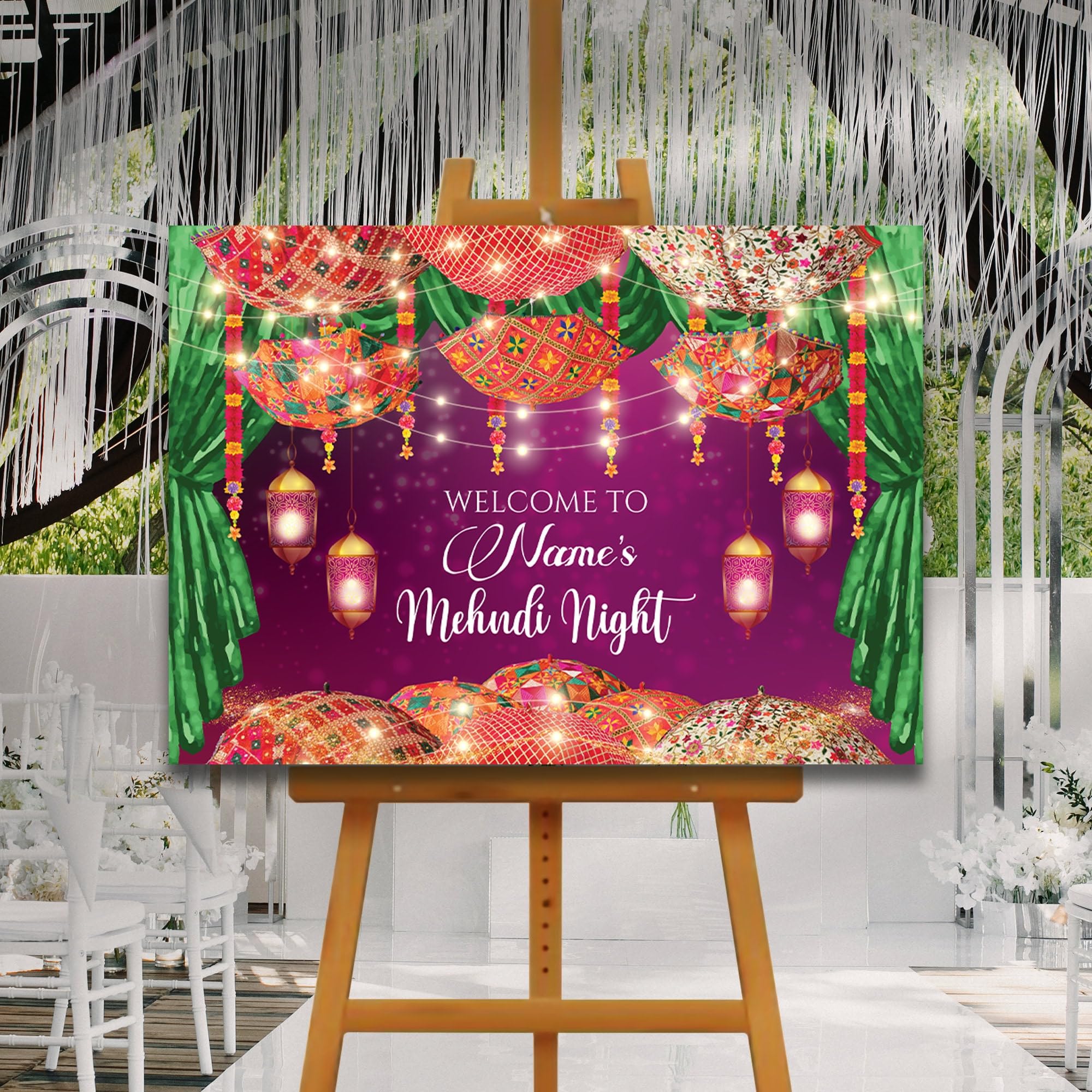 My Pixel Print Wedding Mehndi Welcome Sign, A3 Size, Rustic Style, White, Plastic & Wood Material, Tabletop & Wall Mount