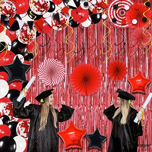 Miniatura 8 de KatchOn, Juego de decoraciones de graduación rojas y negras 2024, paquete de 158, globos rojos 2024, telón de fondo de flecos rojos, kit de arco de