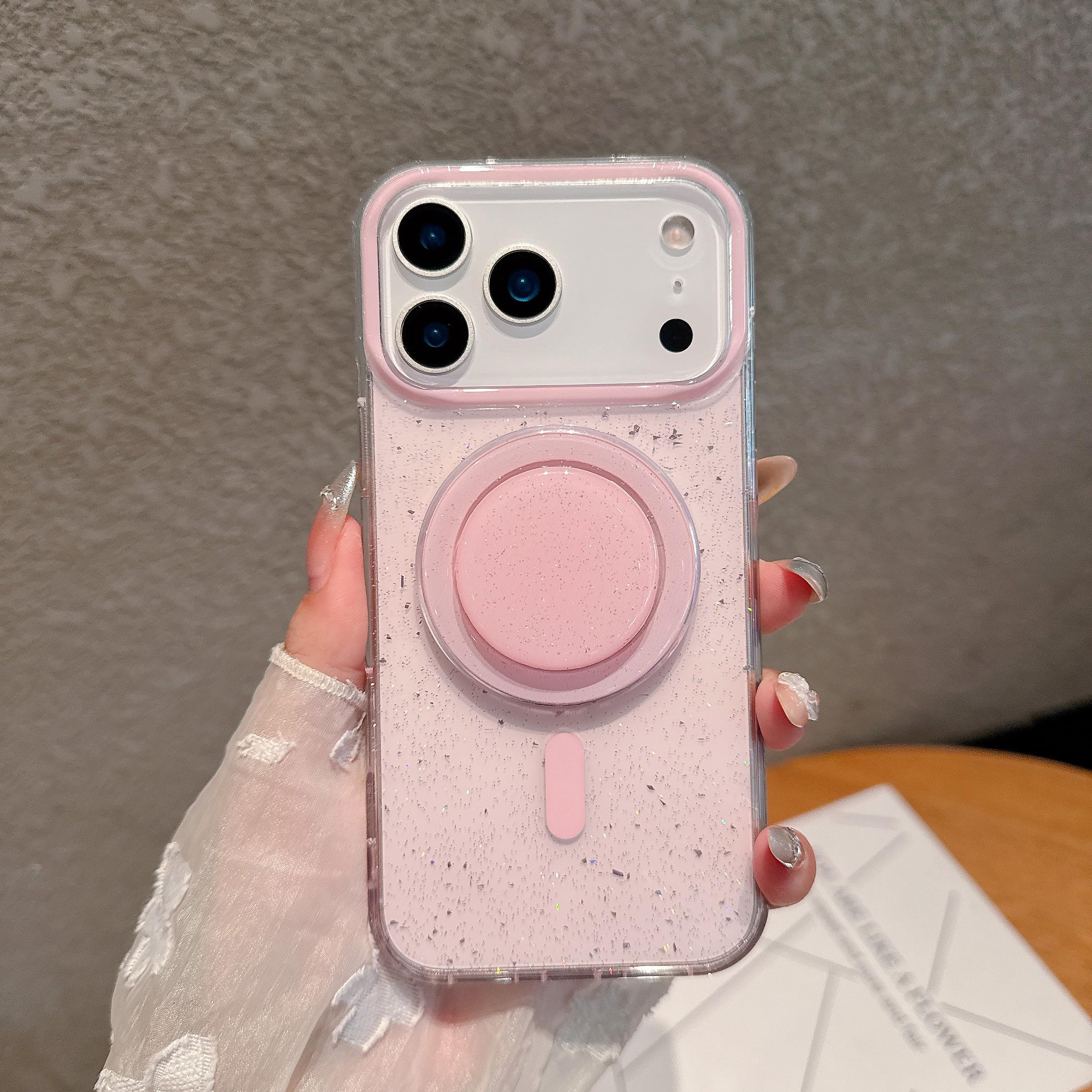 Etui magnetyczne z brokatem do iPhone'a 15 z uchwytem, miękkie, silikonowe, odporne na wstrząsy, z tyłu (do iPhone'a 15/sfmkl-holder-pink)