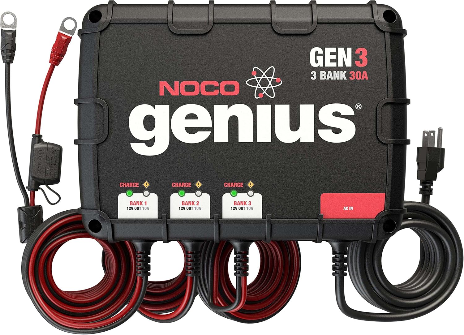 NOCO Genius GEN3 3-Bank 30-Amp Marine Battery Charger with all cables extended, showing battery clamps and AC plug.