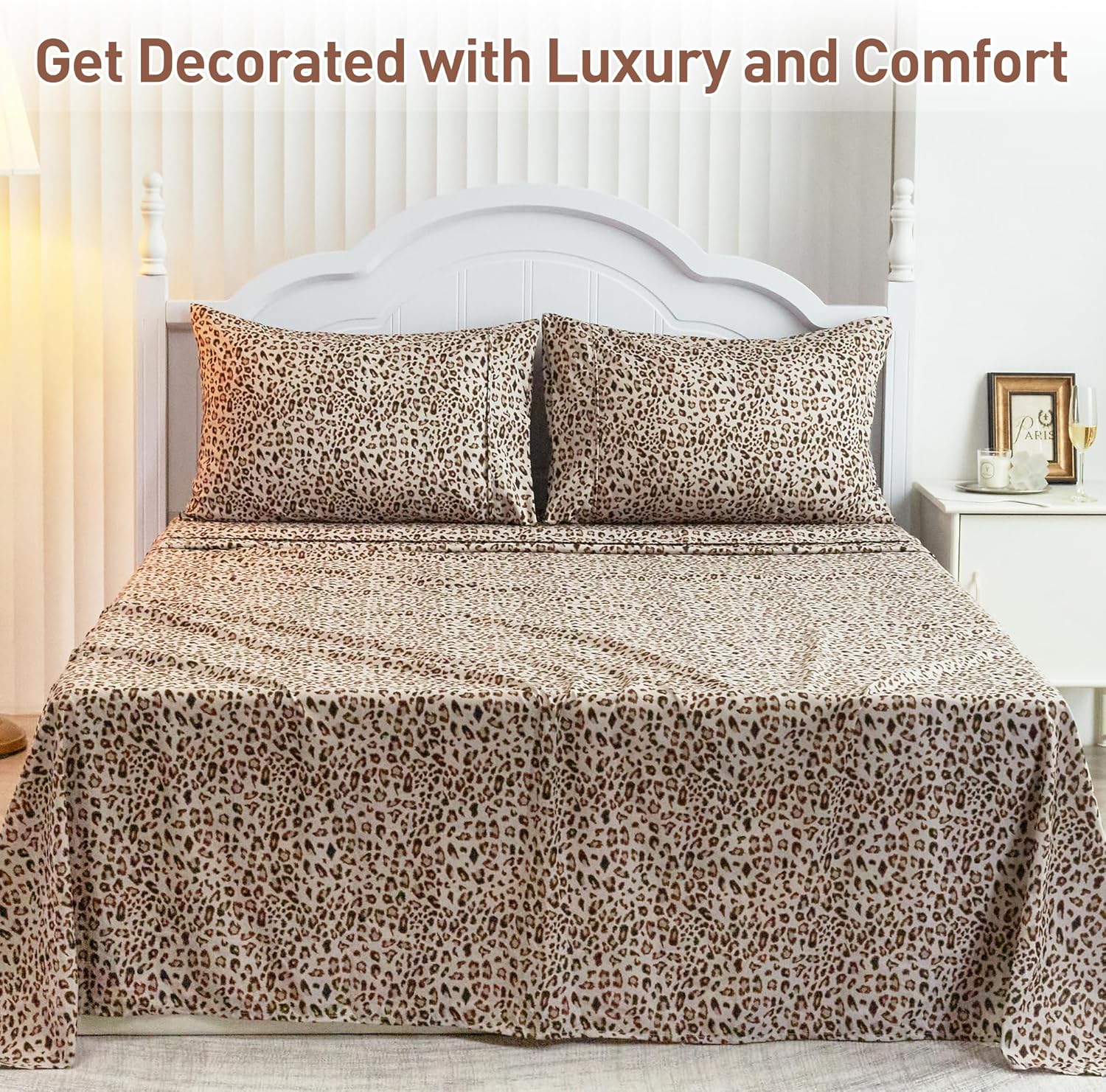 Queen Leopard Print Sheets, Cheetah Pattern Queen Size Sheet Set with Elastic Corner Straps, Soft Microfiber Animal Bedsheet, Brown