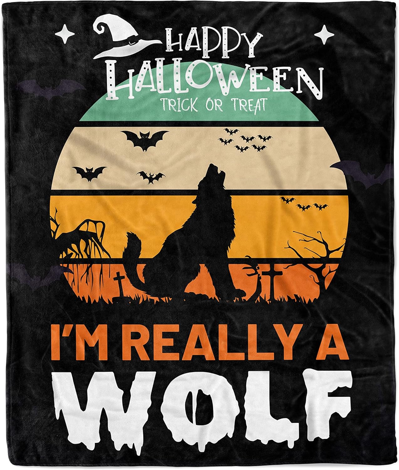 Personalized Halloween Blanket. Spider Webs, Witch's Hat, Black Bats and Decorated Pumpkins Print. Soft & Cozy Fleece Blanket for Holiday Theme. (Halloween Blanket 11, 50" X 60")