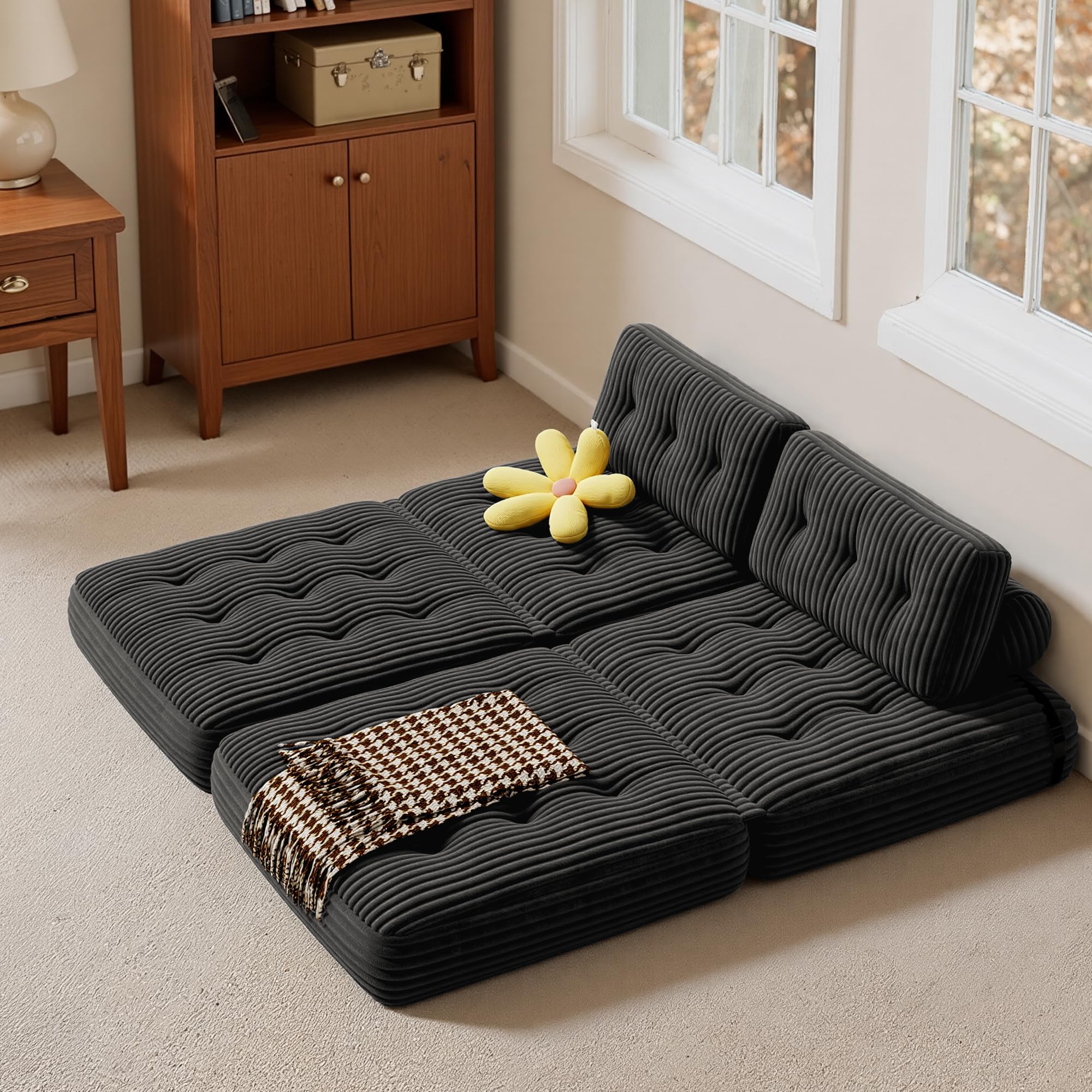 Xbro Składana sofa rozkładana z oparciem, przenośny fotel rozkładany w łóżku 2 w 1 do małych przestrzeni, sztruksowa tkanina z wypełnieniem piankowym, 190 x 85 cm rozłożony (czarny)