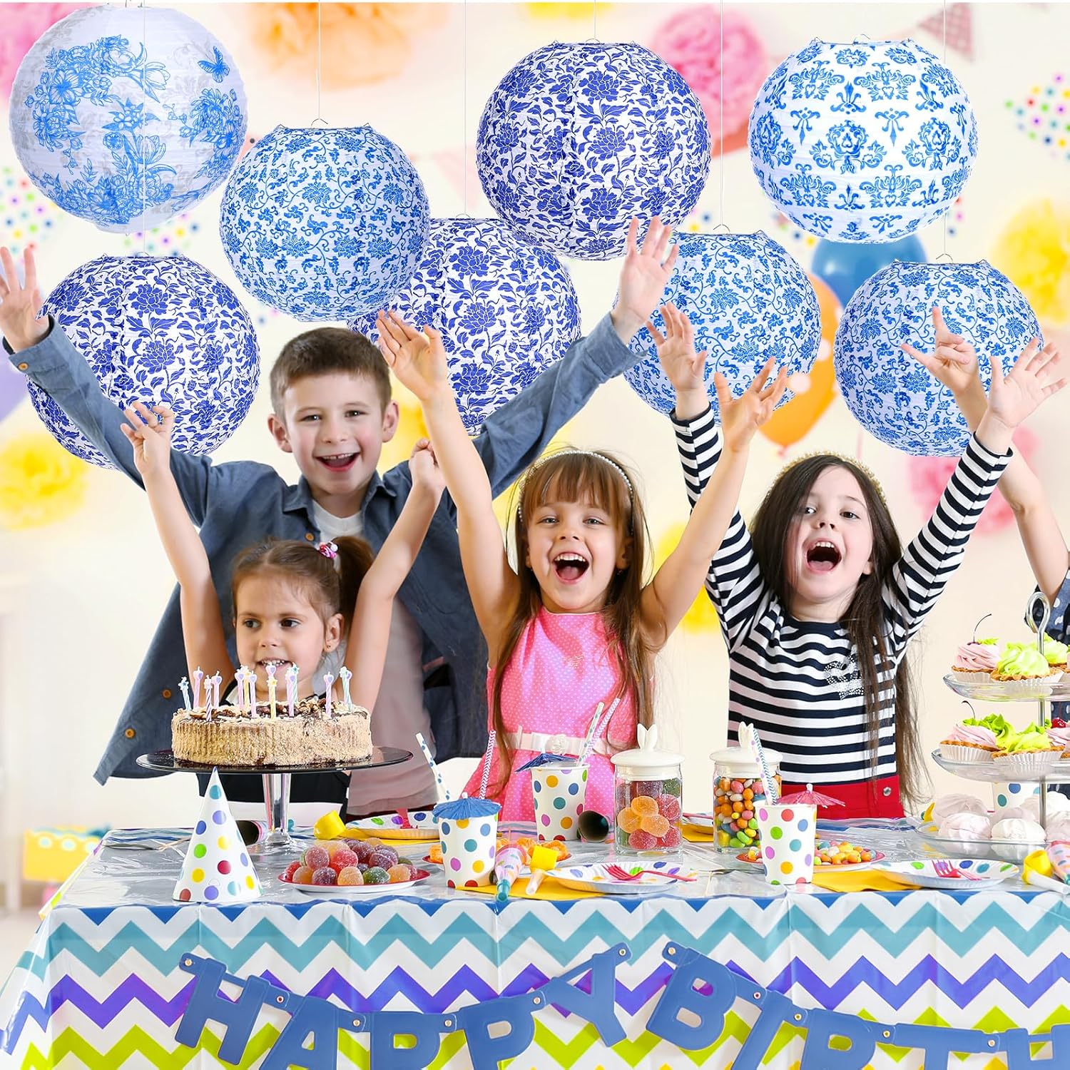 12pcs Blue Chinese Paper Lanterns - Decorative Outdoor Hanging Paper Lanterns for Weddings, Parties, and Celebrations