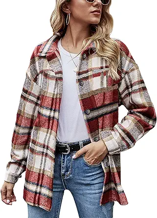 Yeokou Women's Fall Color Block Plaid Flannel Shacket Jacket Button Down Shirt Coat Tops