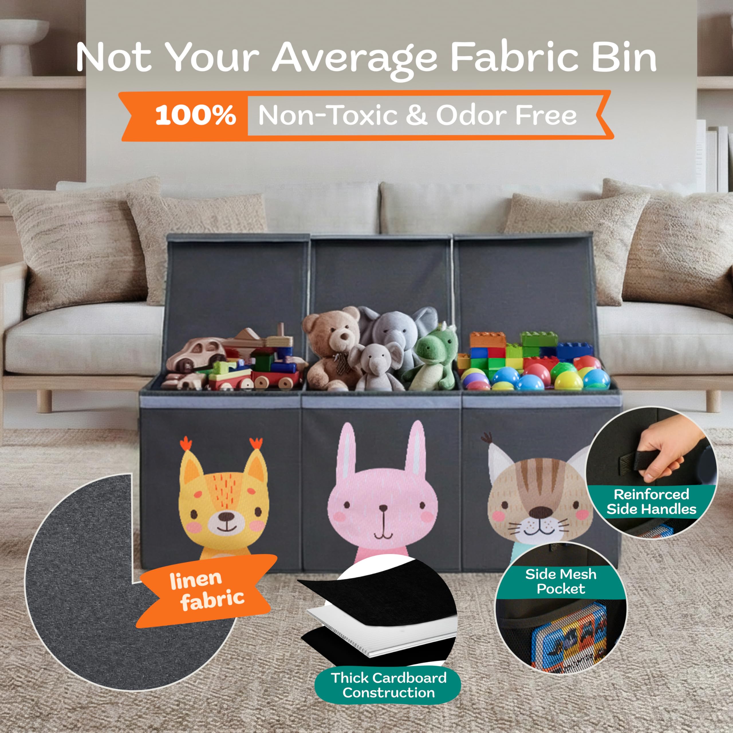 SoftOwl Caja de juguetes extra grande, con tapa, plegable, resistente, organizador de almacenamiento de juguetes, cestas para niños, niñas, guardería, sala de juegos, animales, gris