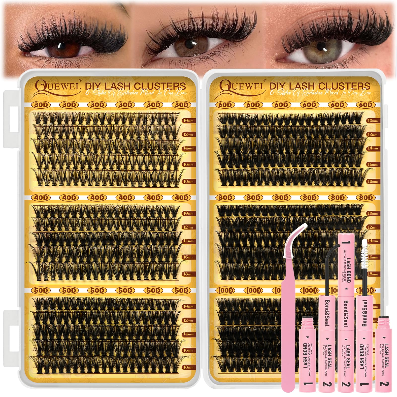 QUEWEL Wimpern-Extensions-Set, gemischte Längen 10-18 mm Lash Cluster, dicke Lash Extension Set mit Bond und Seal Cluster Lashes pinzette, einfaches Selbermachen zu Hause (30+40+50+60+80+100D-KIT)