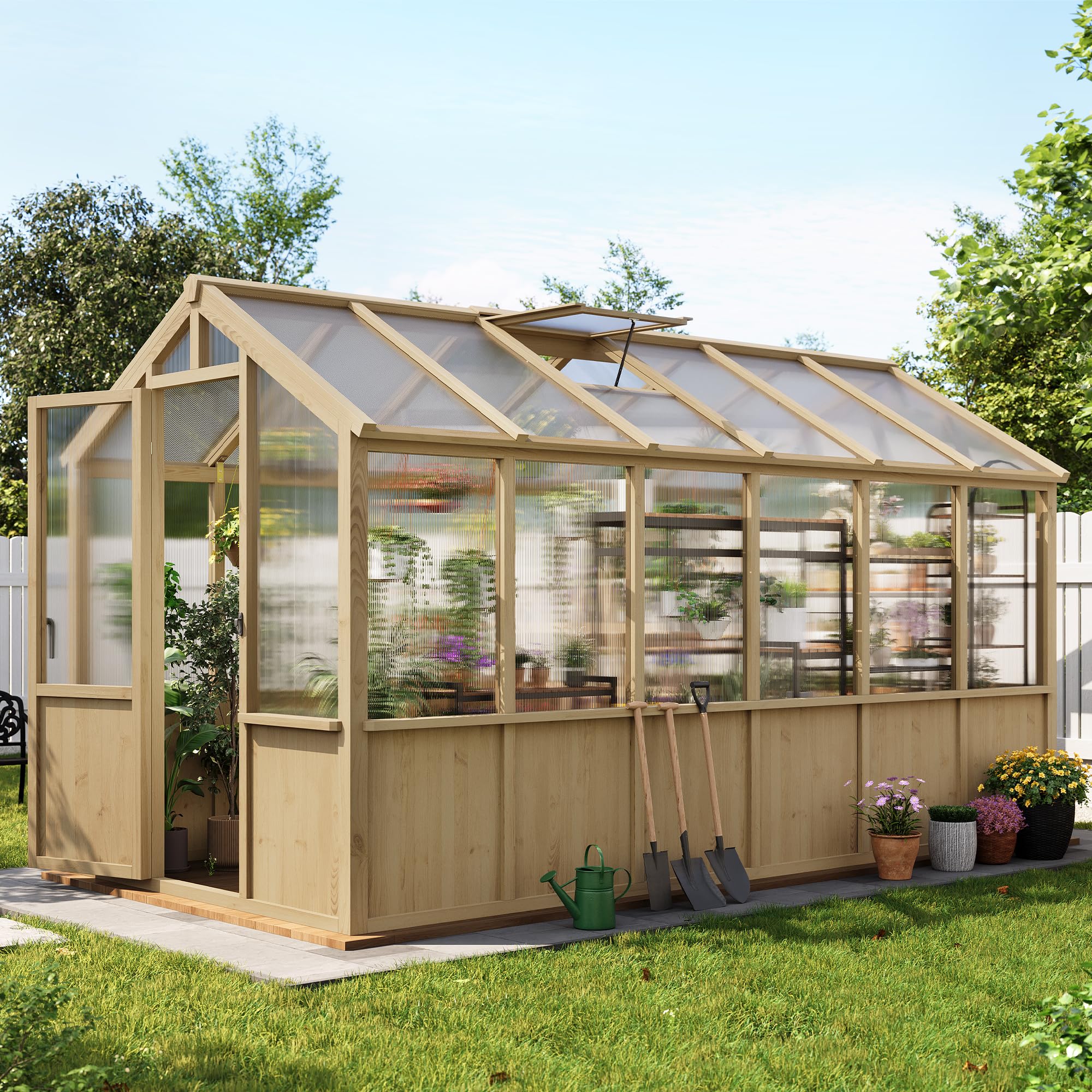 6x12 FT Greenhouse - Large Wooden Greenhouses for Outdoors, Heavy Duty Spruce Frame Greenhouse with PC Panels, Adjustable Roof Vents & Lockable Door,