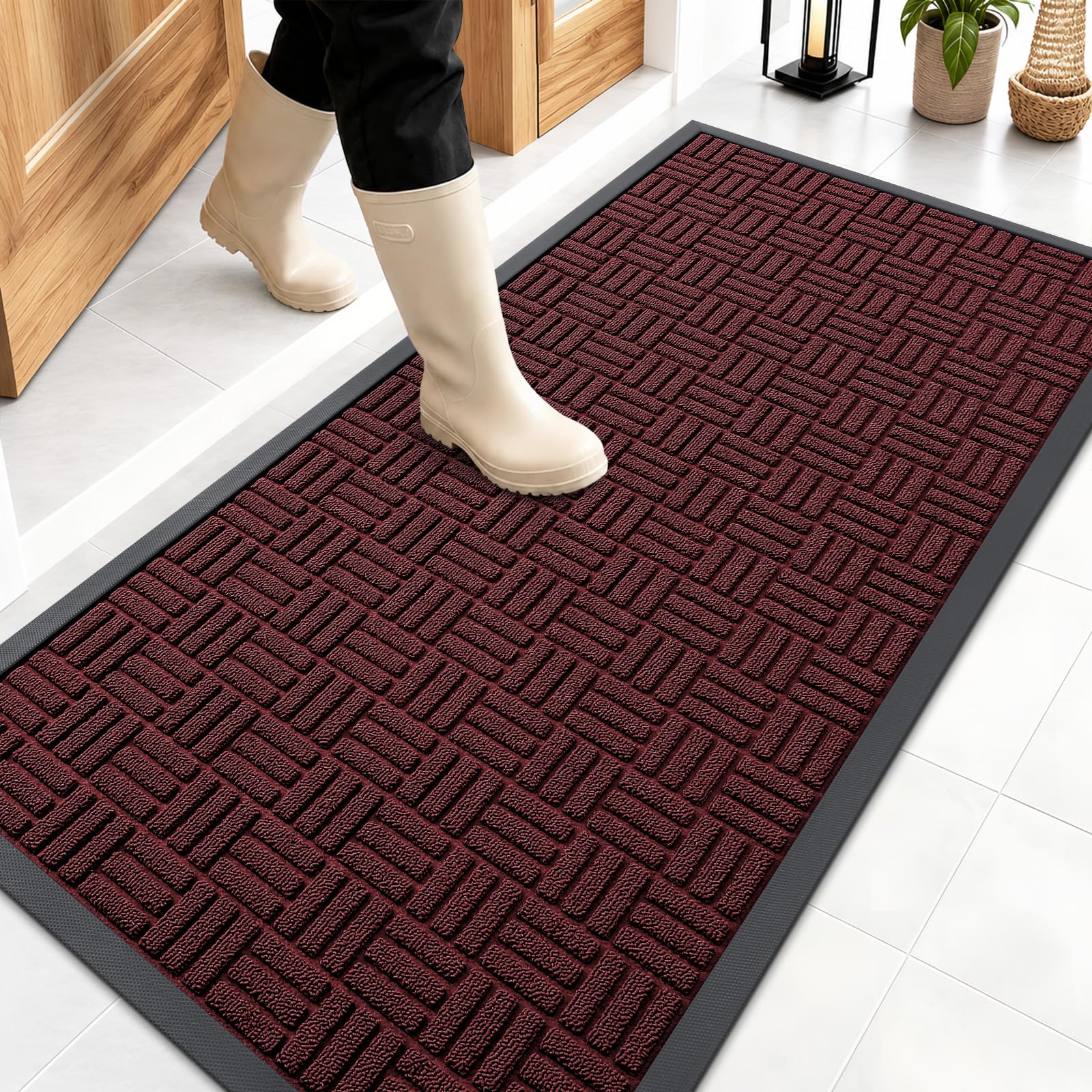 OLANLY Front Door Mat Outside Entrance 47x23, Heavy-Duty Rubber Doormat | Burgundy, Absorbent, Stain Fade Resistant, Non-Slip Backing, Low-Profile Indoor Outdoor Floor Mat for Entryway, Easy to Clean