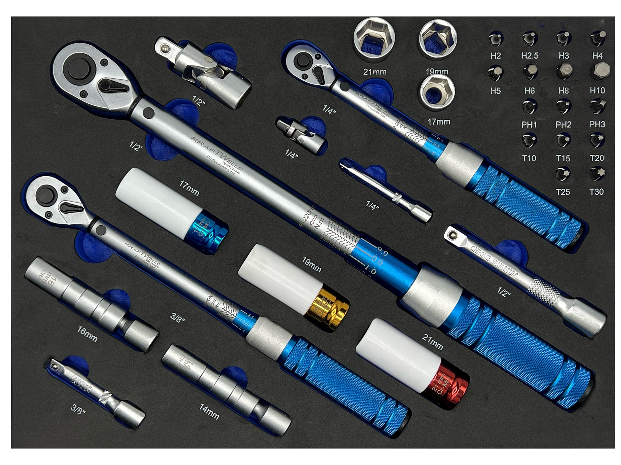 Kraftwelle Set di chiavi dinamometriche professionali da 32 pezzi, include cricchetto reversibile da 1/4, 3/8, 1/2" da 2-220 NM, cricchetto a denti fini, con bussola e set di punte