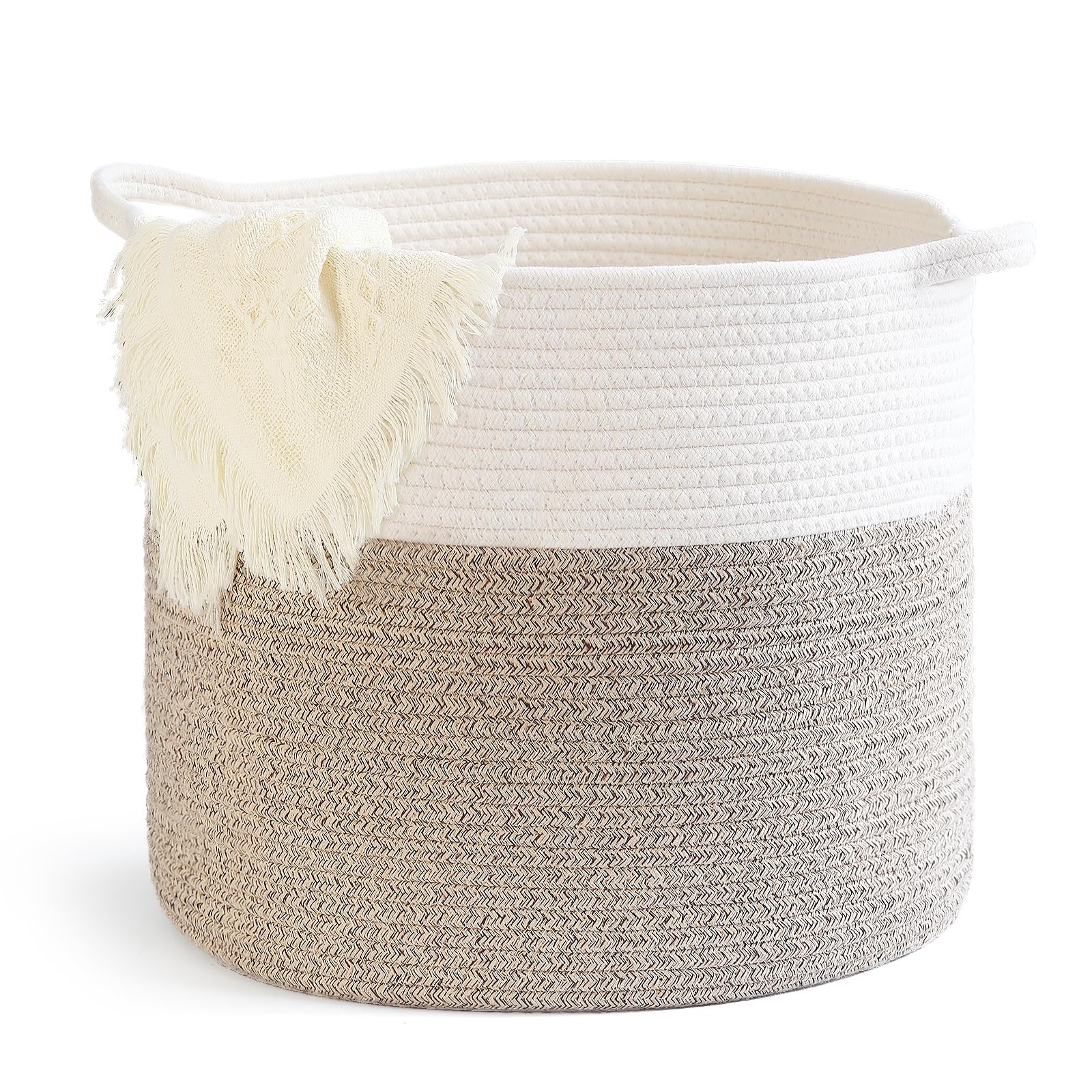 Laundry Hamper,Blanket Basket in Living Room Decor,Pure Cotton Rope Woven Basket for Dirty Clothes,Storage Basket for Nursery Bin,Baby Toy Storage,15.5 * 13.5 inches-40L White & Brown Mixed