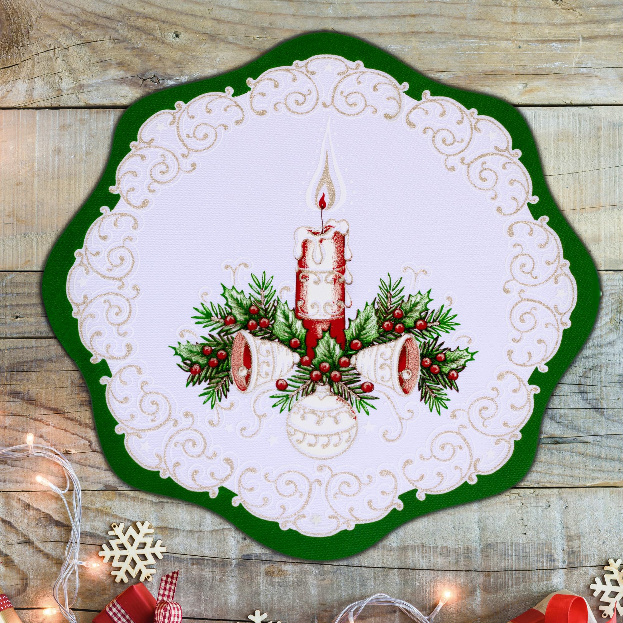 Mforstyle White, Red, Gold, Green Set Of 2 Christmas Placemats Christmas Doilies Diameter 12" (30Cm) Traditional Festive Pattern Mats Fabric Candle Jingle Bells Red Gold Green Xmas Table Cover Linen