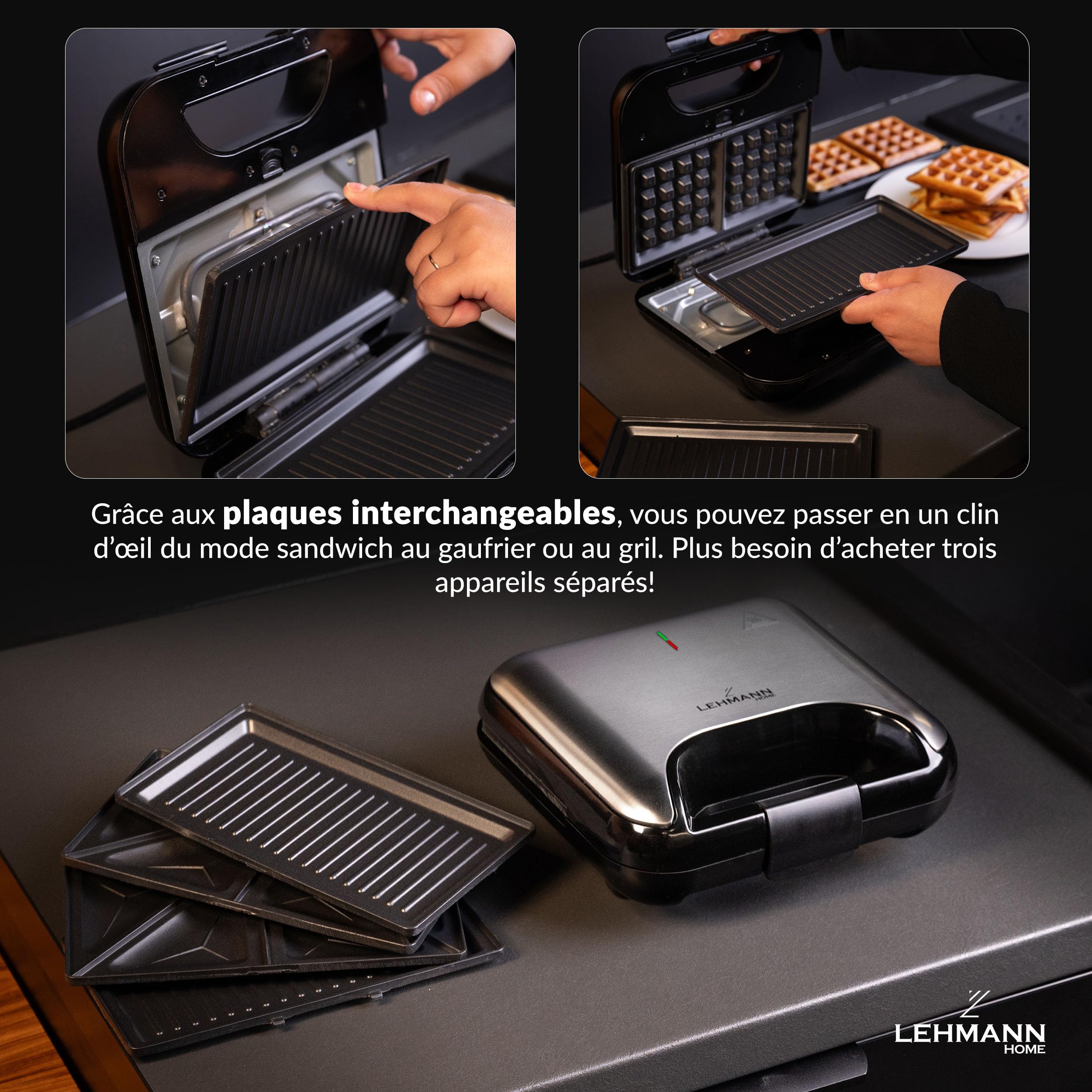 LEHMANN Multifonction Appareil Croque Monsieur 3 en 1 avec Plaques Interchangeables - Gaufrier, Panini Grill, Appareil a Croque Monsieur, Revêtement Antiadhésif, Préparation Rapide