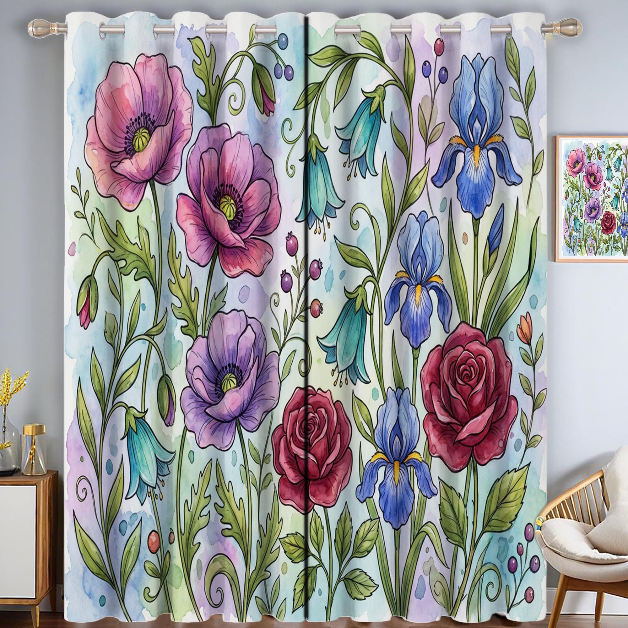 Mohnblume Und Iris Vorhänge, Aquarellblumen Verdunkelungsvorhang - Lila Vorhang Blickdicht, Thermovorhang Für Schlafzimmer Gardinen Mit Ösen, H175 X B140 cm (2Er Pack)