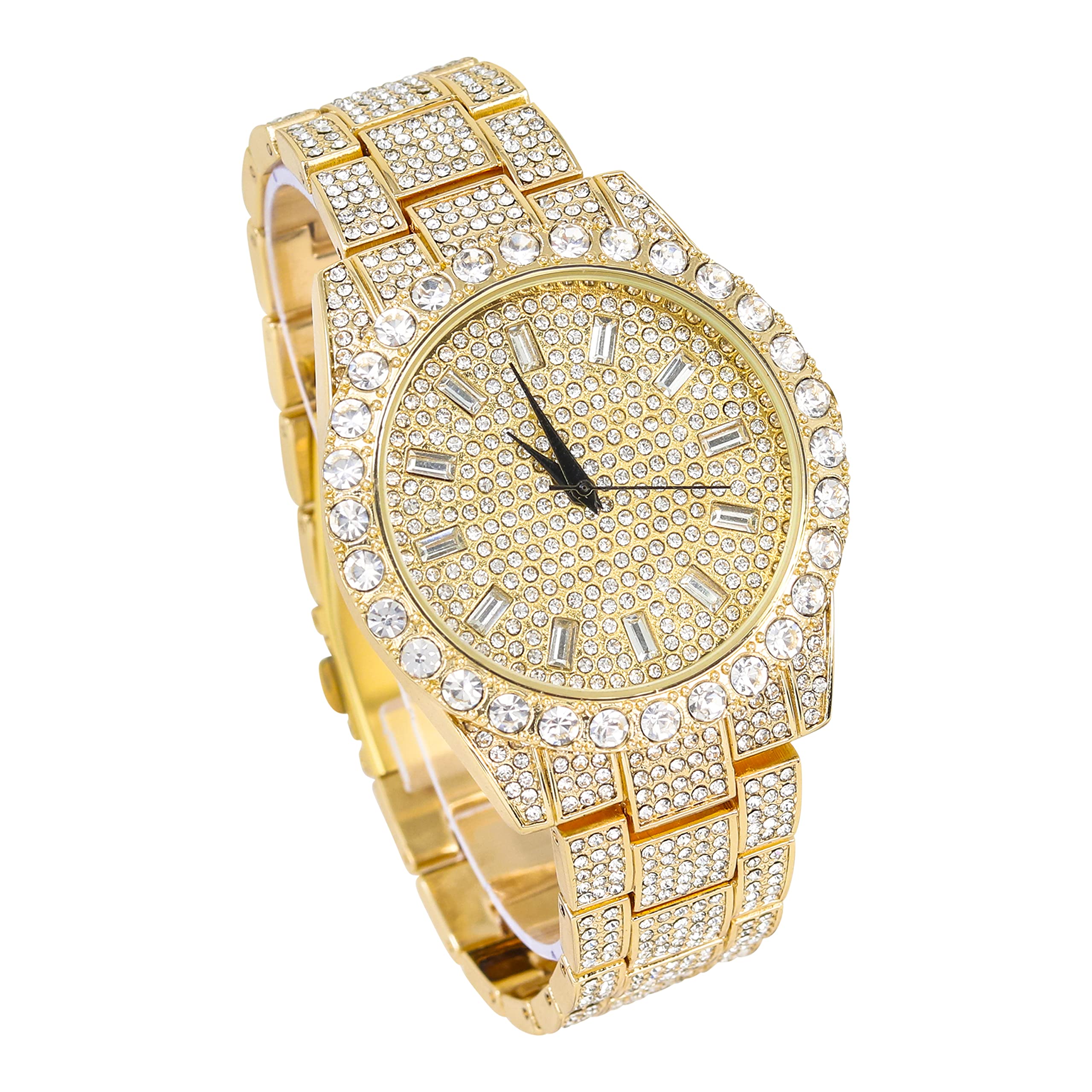 Techno Pave Mens Iced Out Metal Band Watch & Bling-ed Out Jewelry Set - Baguette Gold Watch