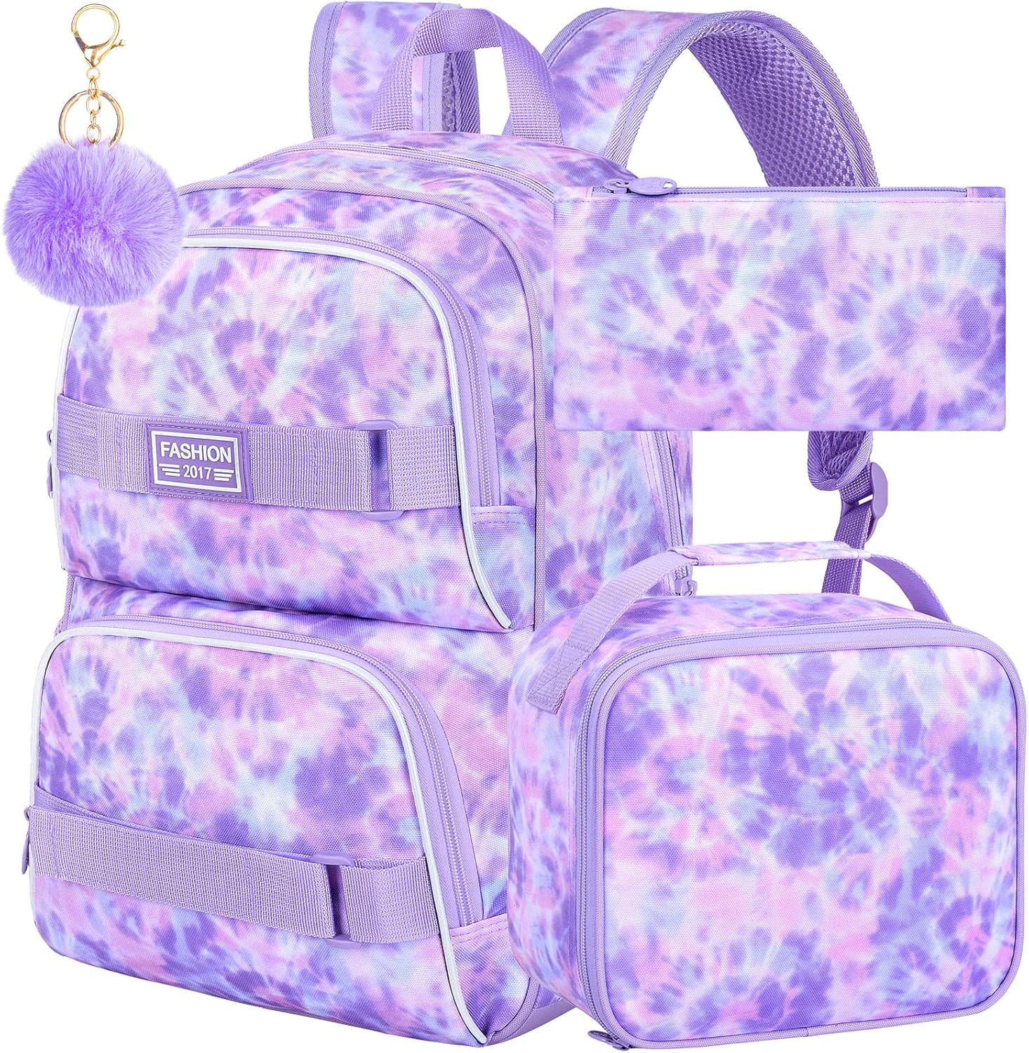 KLFVB Bookbag for Girls, 17" Tie Dye Backpack, Water-Resistant College School Backpacks for Women & Teens (Middle/Primary Students) - Tie Dye Purple