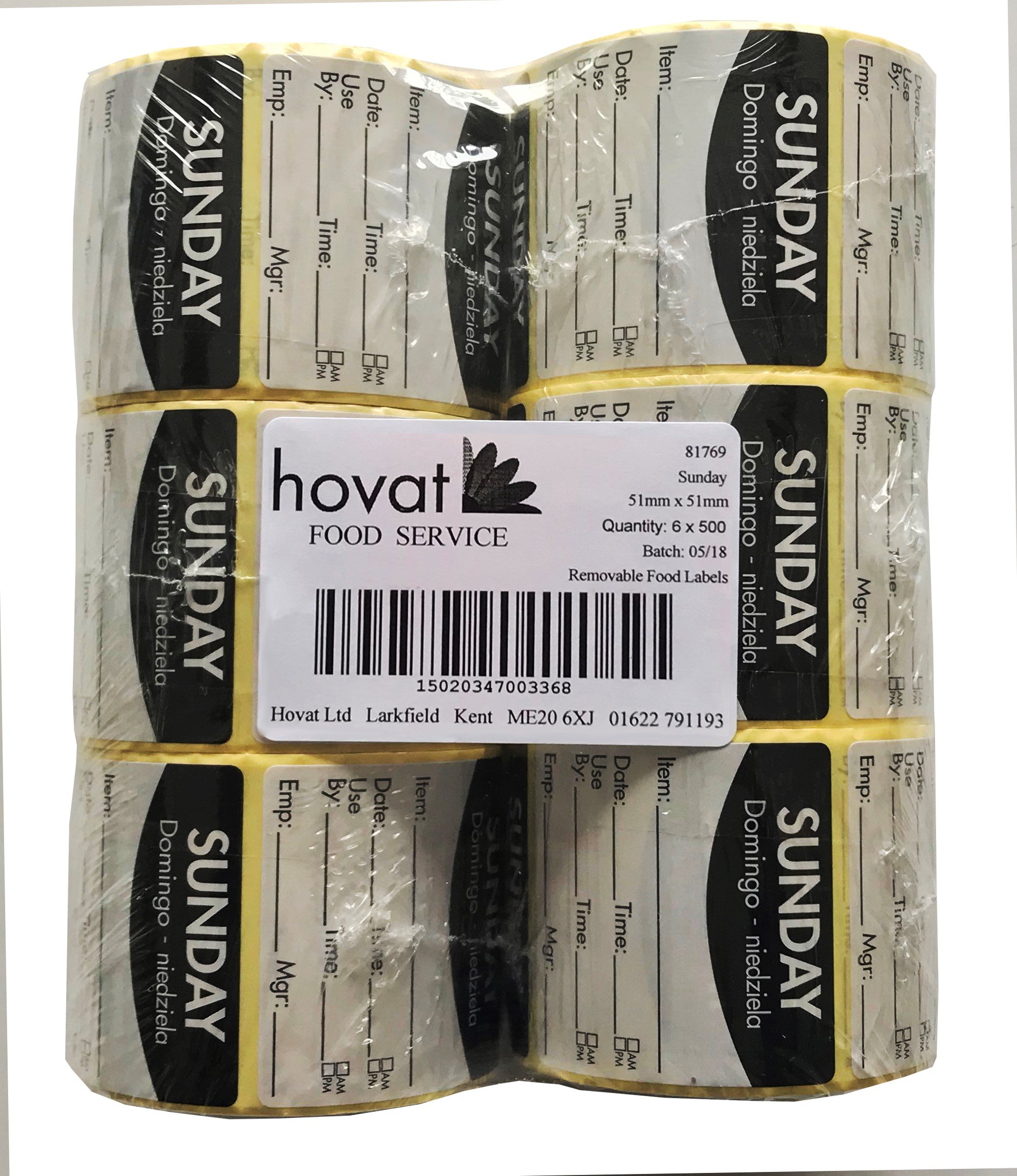 Food Day Label, Removable Adhesive, 51mm Square, (Sunday) 6 Rolls of 500 for The Price of 5.