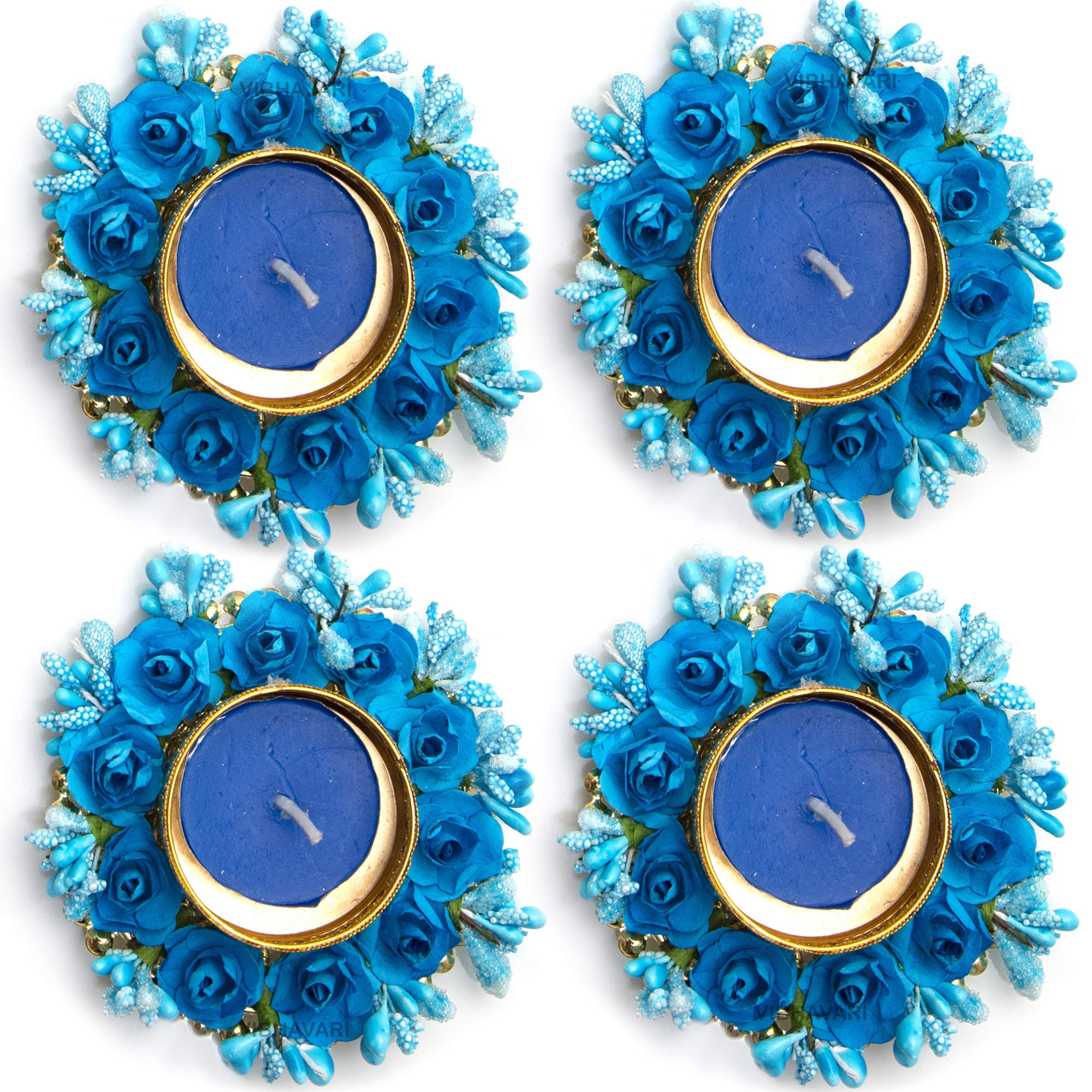 HomeSquare Tealight Holder Diwali Diya with Artificial Flowers & Tea Lights - Set of 4 (Blue)