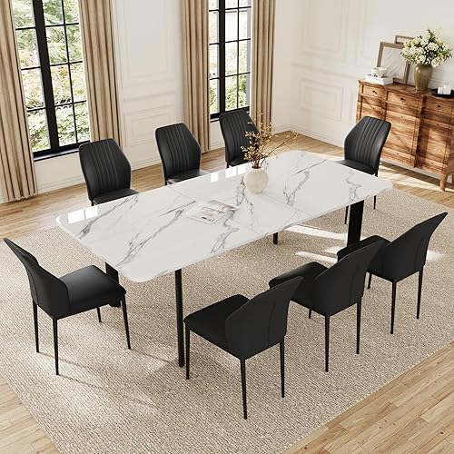 Miniatura 18 de Juego de mesa de comedor extensible para 6-8 personas, mesa de cocina MDF de 63 a 78.7 pulgadas con 6 sillas tapizadas, ahorro de espacio para Mesa