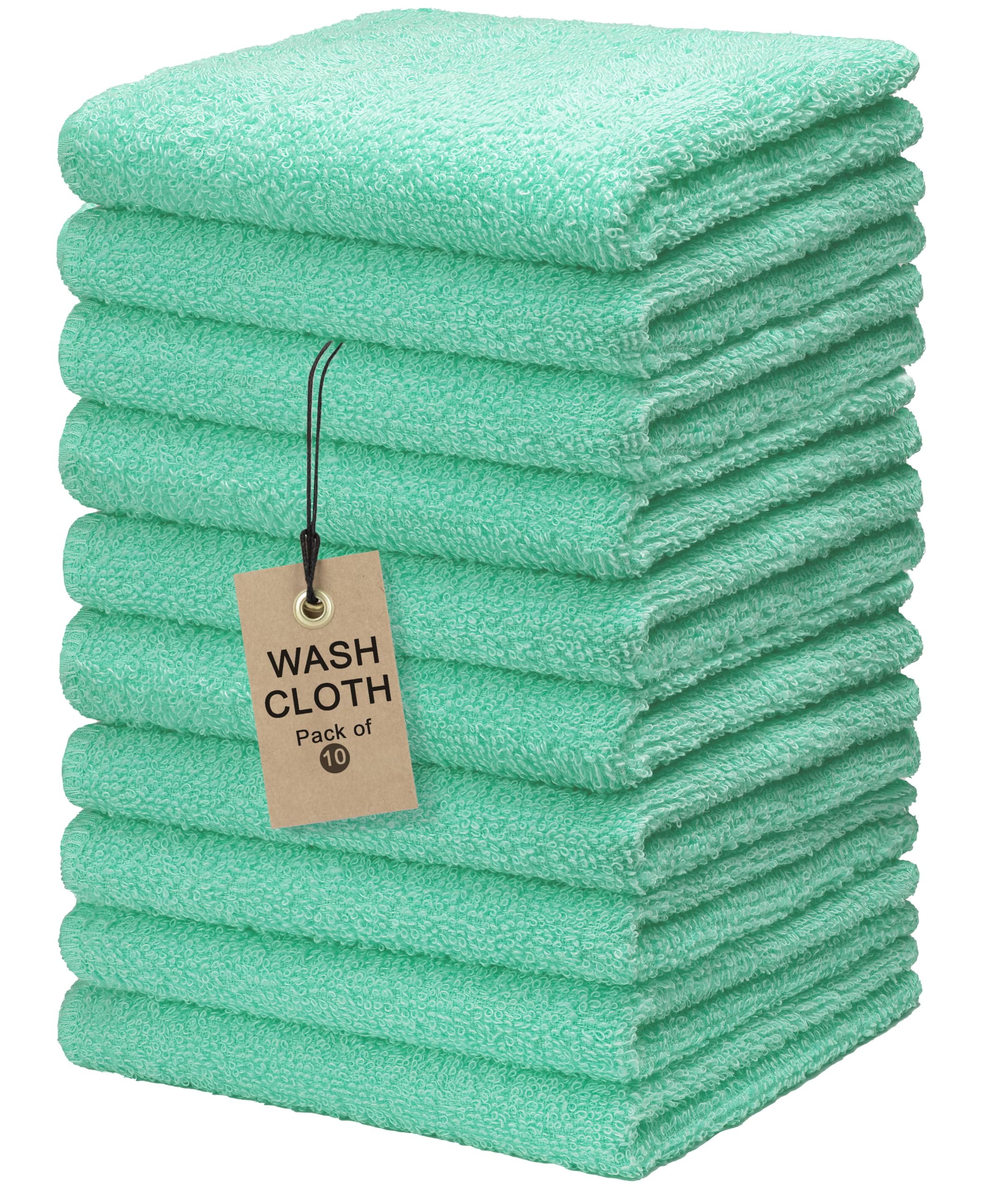 Textila Terry Wash Cloths – Pack of 10, Aqua Green, 12x12 Inches – Soft, Absorbent & Multipurpose Cotton Washcloths for Face, Hand, Bath, Kitchen, Spa