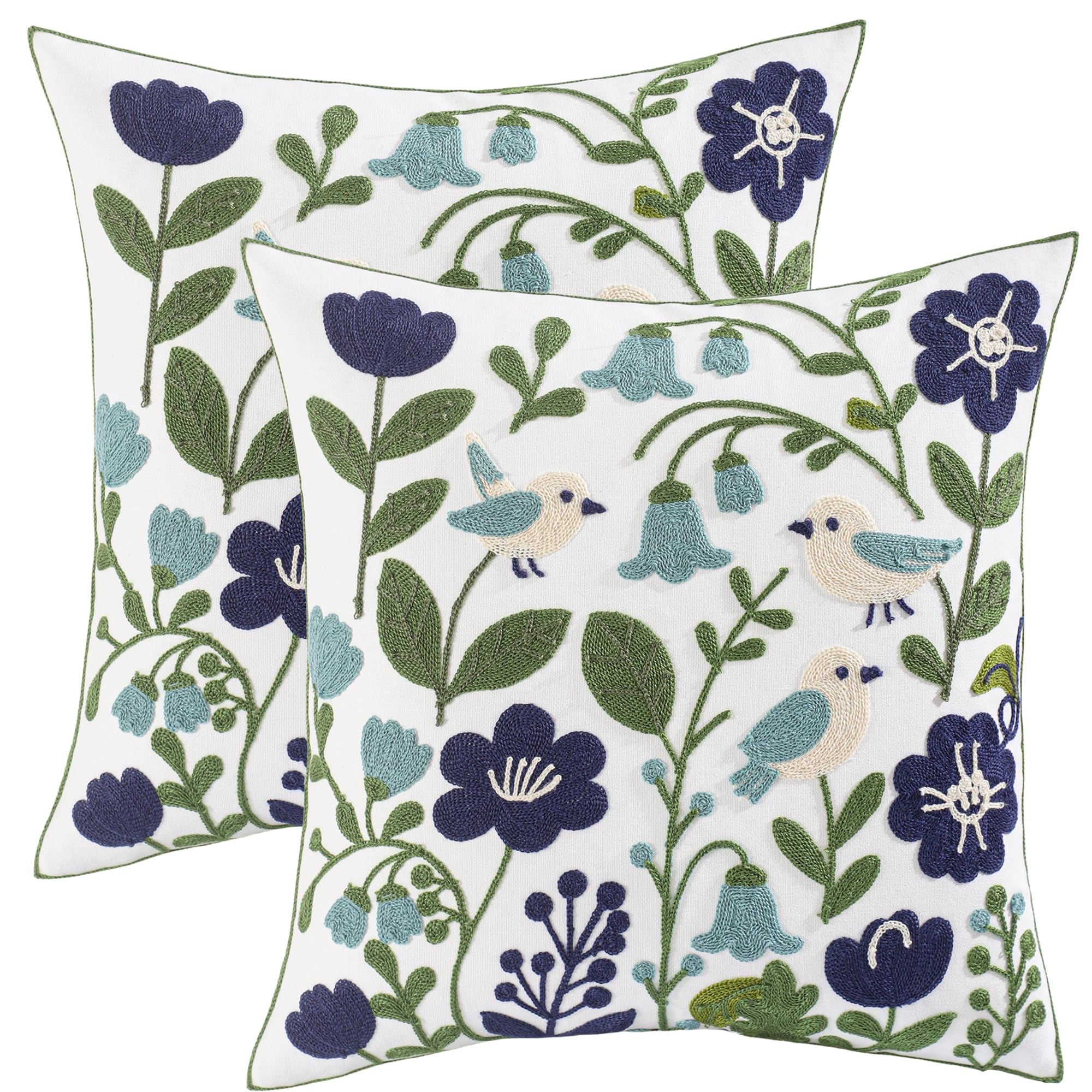 Housses de coussin brodées feuilles vertes oiseau 45,7 cm