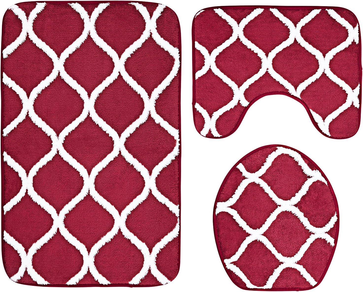 3-Piece Bathroom Mat Set, Extra Soft Memory Foam Combo - Rug, Contour Mat and Lid Cover (Red)