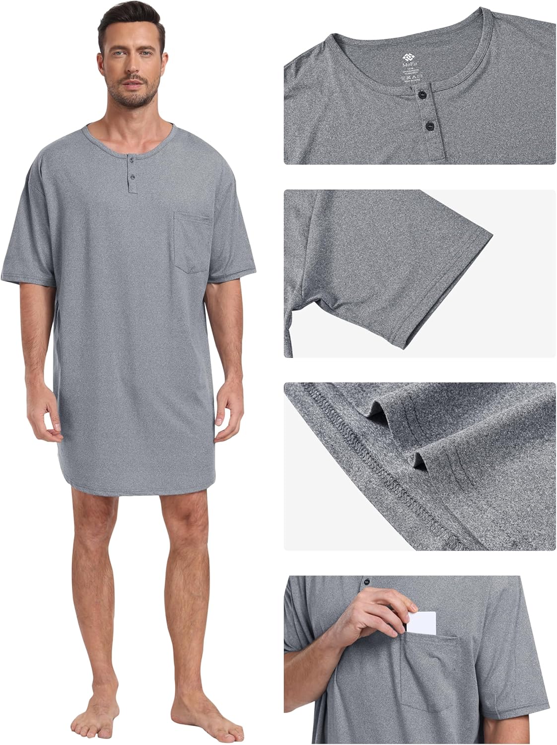 MoFiz Men's Nightshirt Soft Pajamas V Neck Short Sleeve Nightgown Loose Sleepwear Nightwear Comfy Sleep Shirt S-3XL - Image 4
