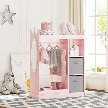 UTEX Kids Armoire Wardrobe Closet with Mirror and Storage Bin, Pink, 33.4 in W x 15.75 in D x 44.5 in H