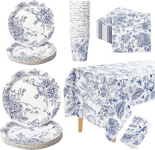 Zhehao Juego de vajilla desechable floral azul y blanco de 127 piezas para 25 invitados, platos de papel floral, servilletas, vasos, mantel de disponible en Yaxa Venezuela