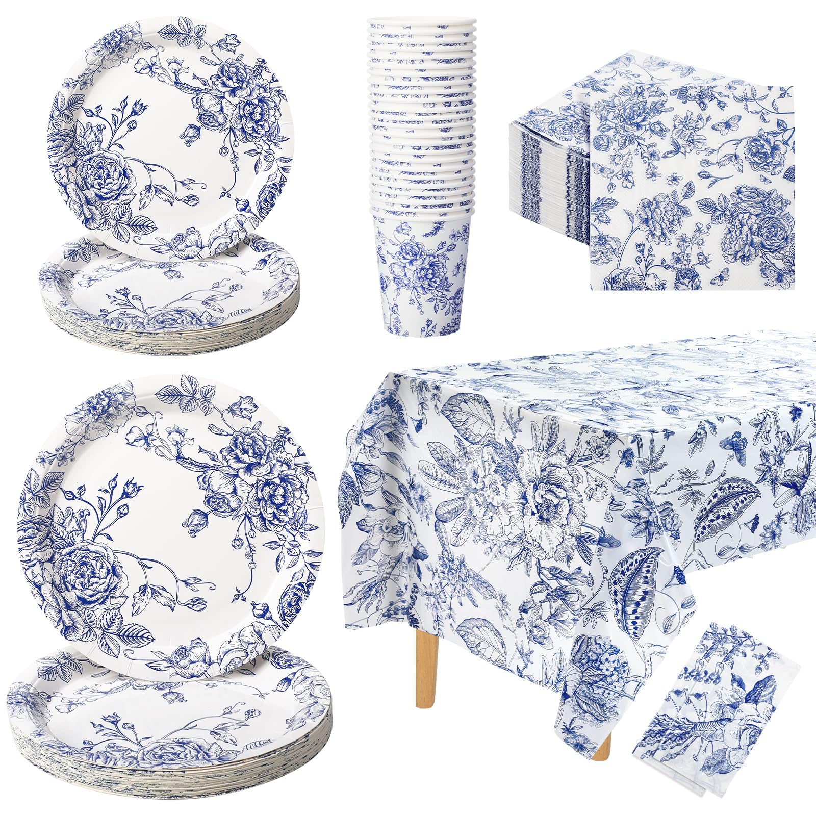 Zhehao 127 Pcs Blue and White Floral Disposable Tableware Set Serves 25 Guests Chinoiserie Floral Paper Plates Napkins Cups Tablecloth Flower